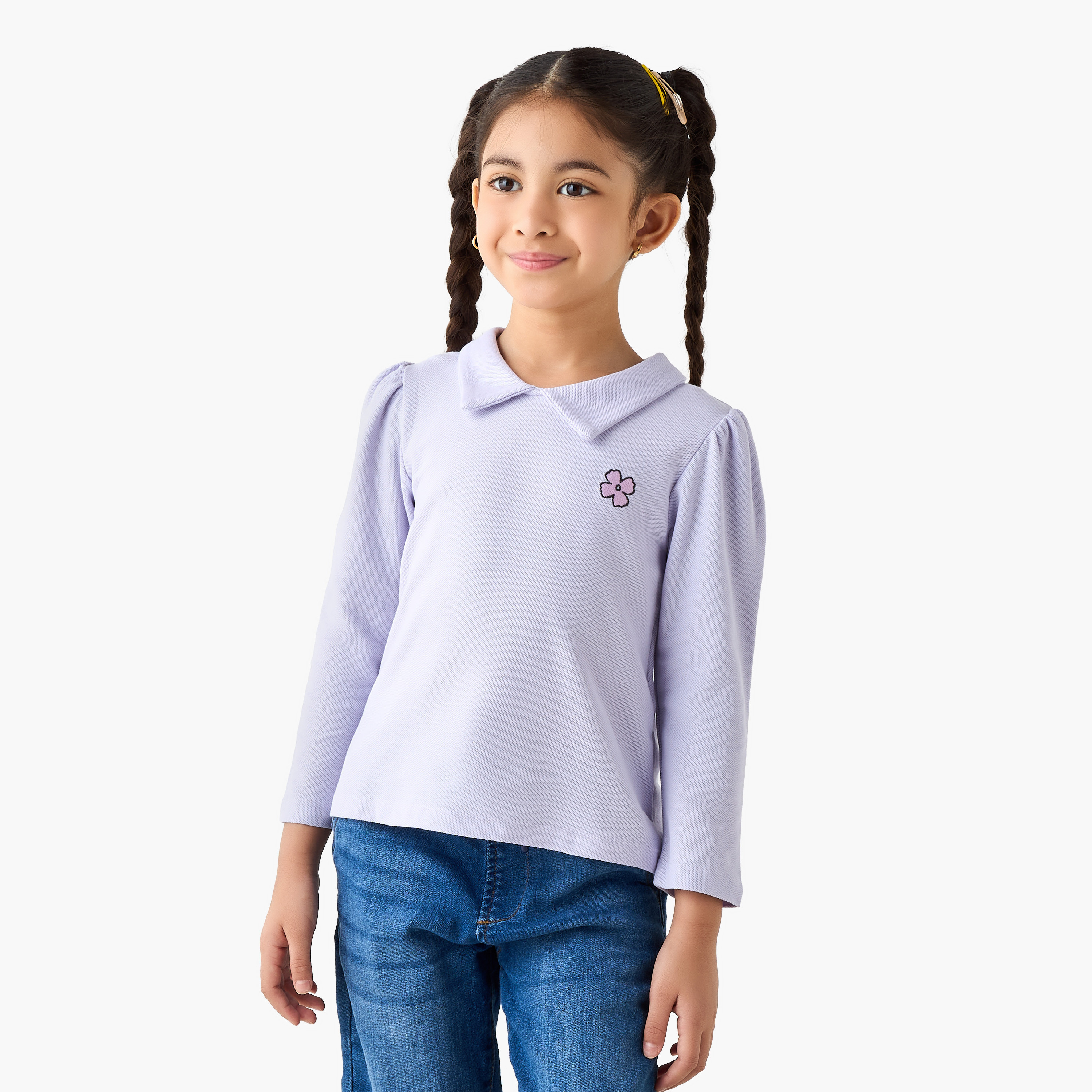 Juniors Solid Collared T-shirt with Long Sleeves-girls-clothing-tshirts-image-1