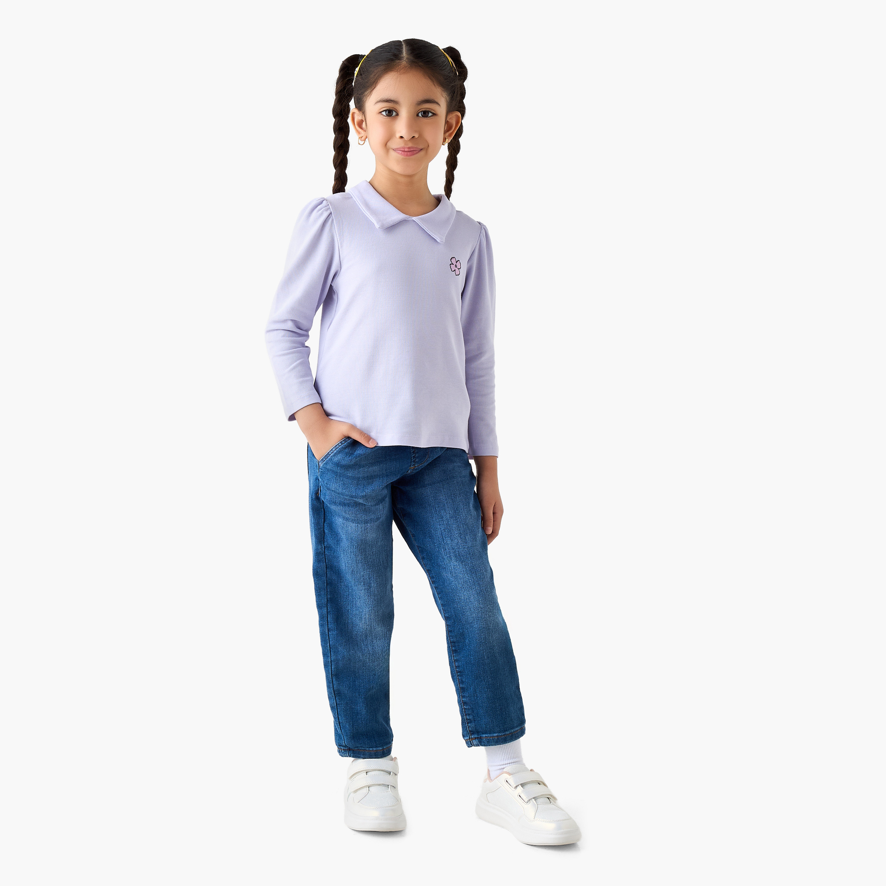 Juniors Solid Collared T-shirt with Long Sleeves-girls-clothing-tshirts-image-2