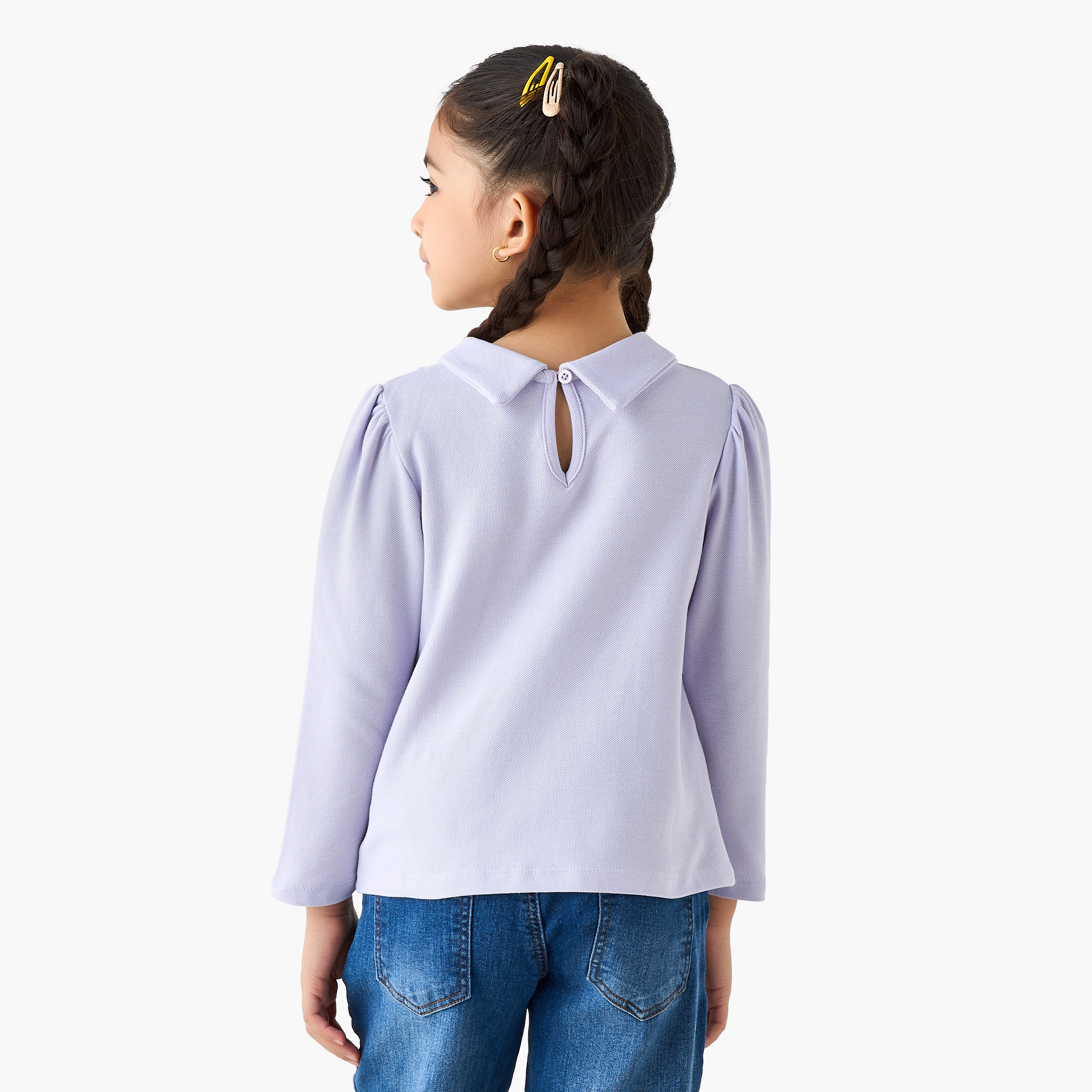 Juniors Solid Collared T-shirt with Long Sleeves-girls-clothing-tshirts-image-3