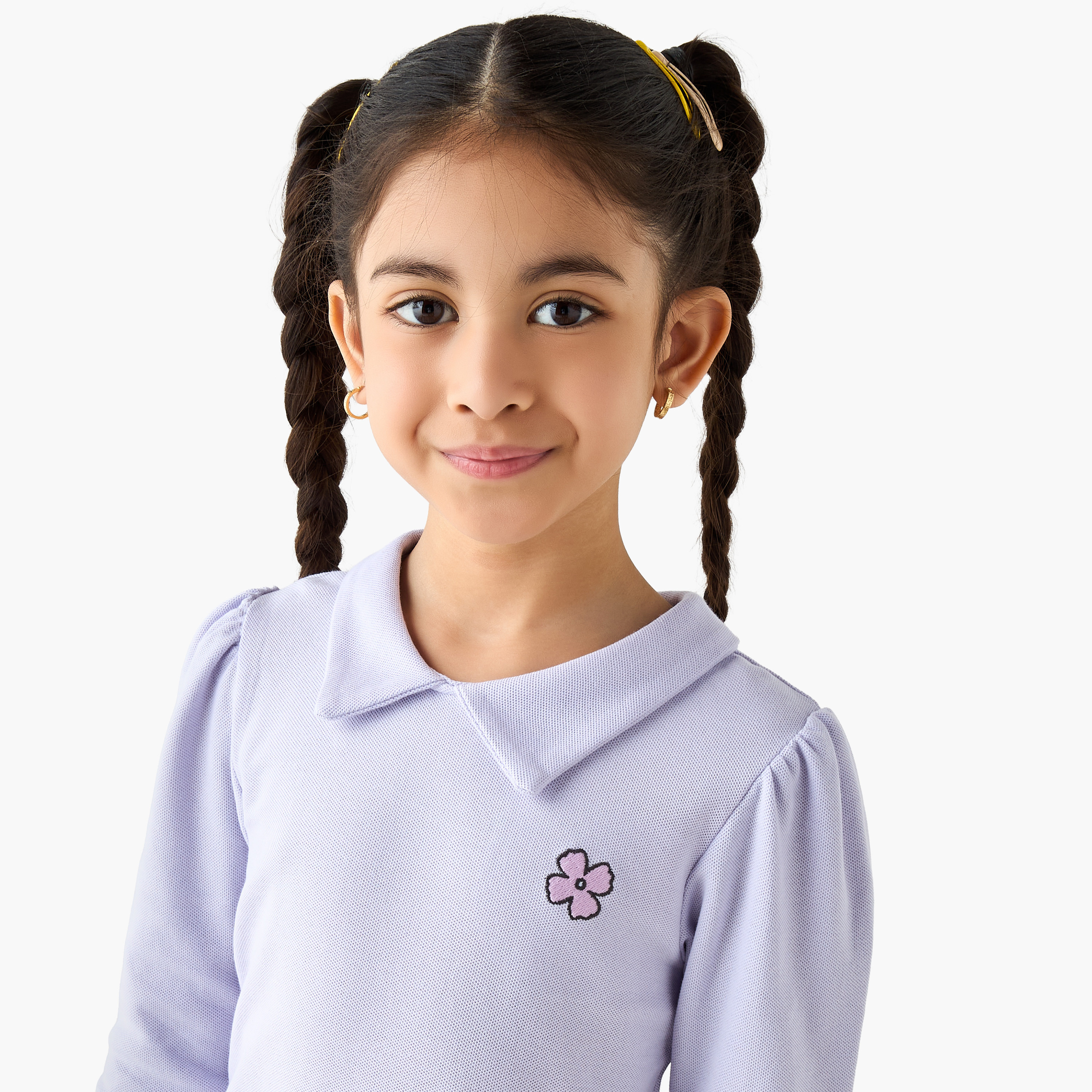 Juniors Solid Collared T-shirt with Long Sleeves-girls-clothing-tshirts-image-4