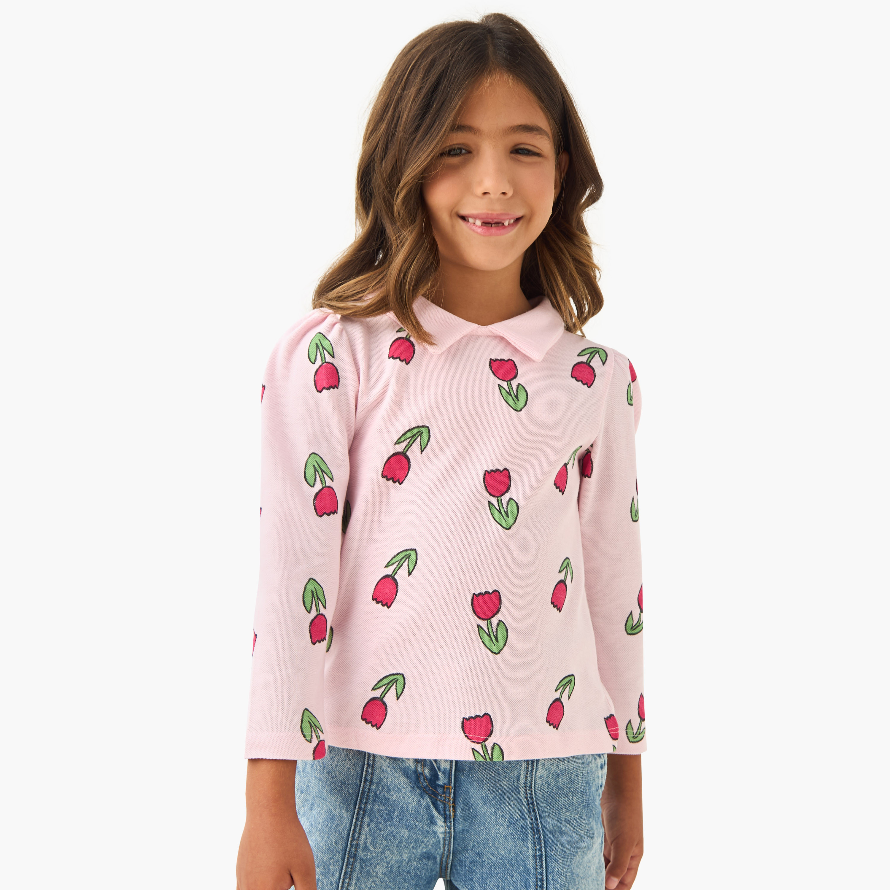 Juniors Floral Print Collared T-shirt with Long Sleeves-girls-clothing-tshirts-image-1
