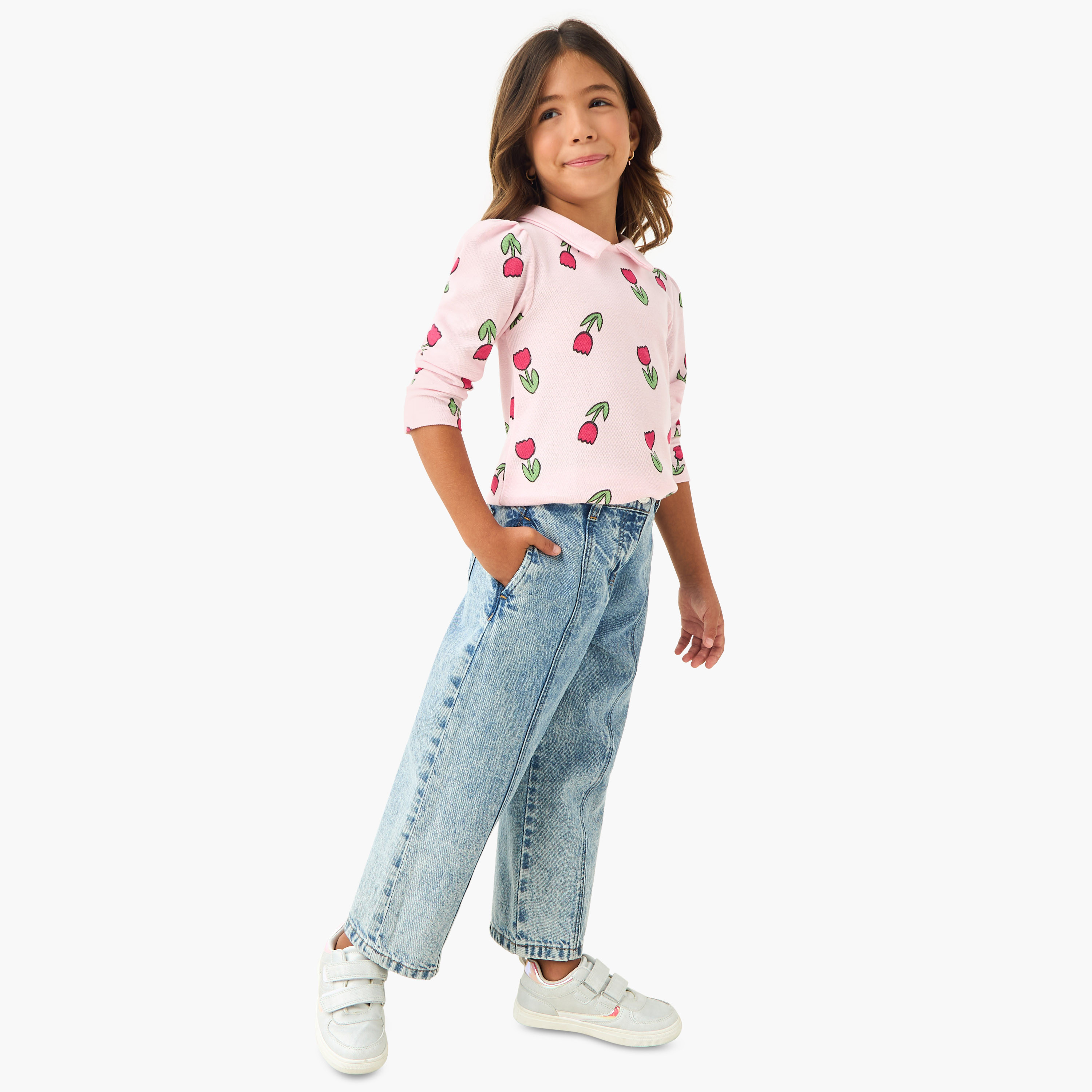 Juniors Floral Print Collared T-shirt with Long Sleeves-girls-clothing-tshirts-image-2