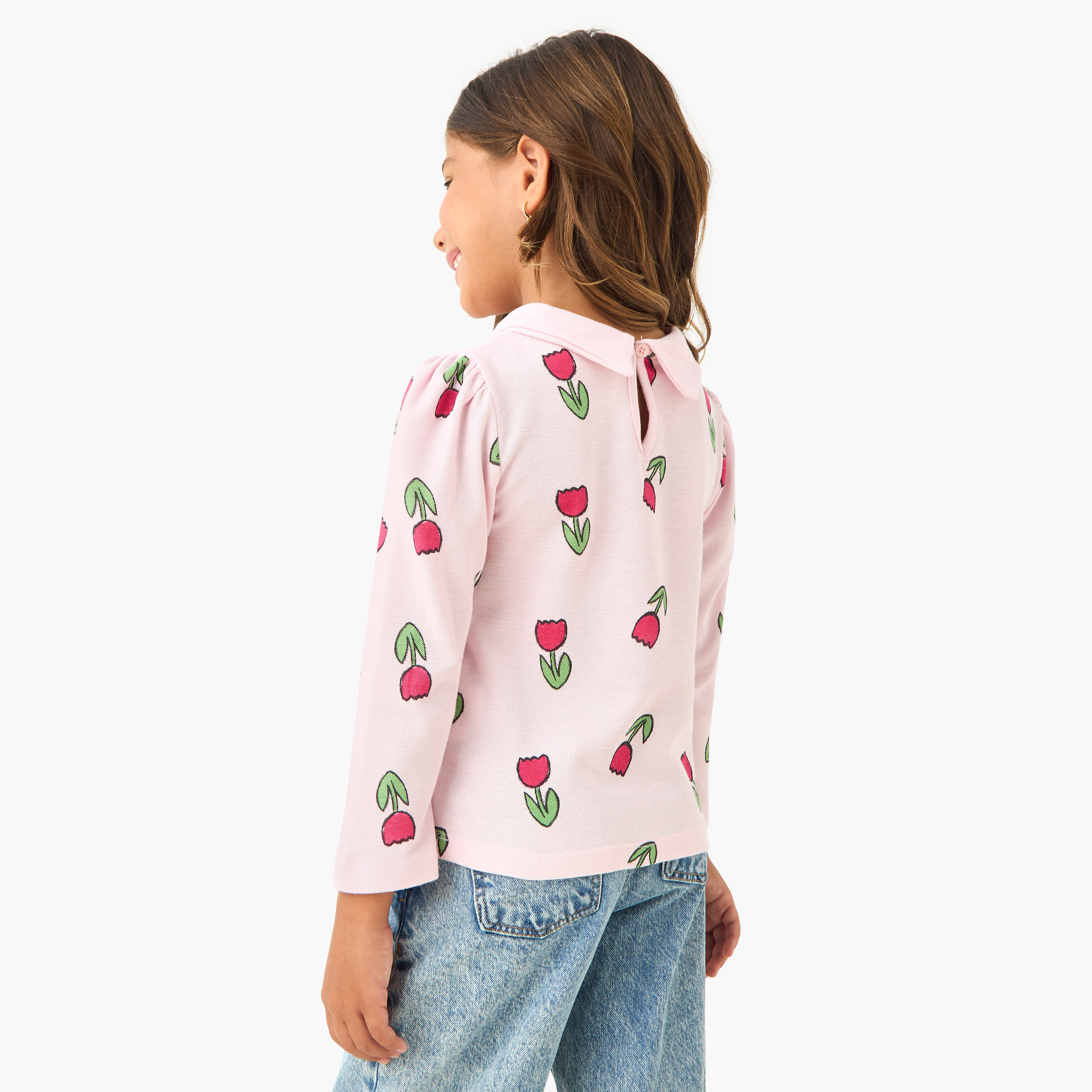 Juniors Floral Print Collared T-shirt with Long Sleeves-girls-clothing-tshirts-image-3