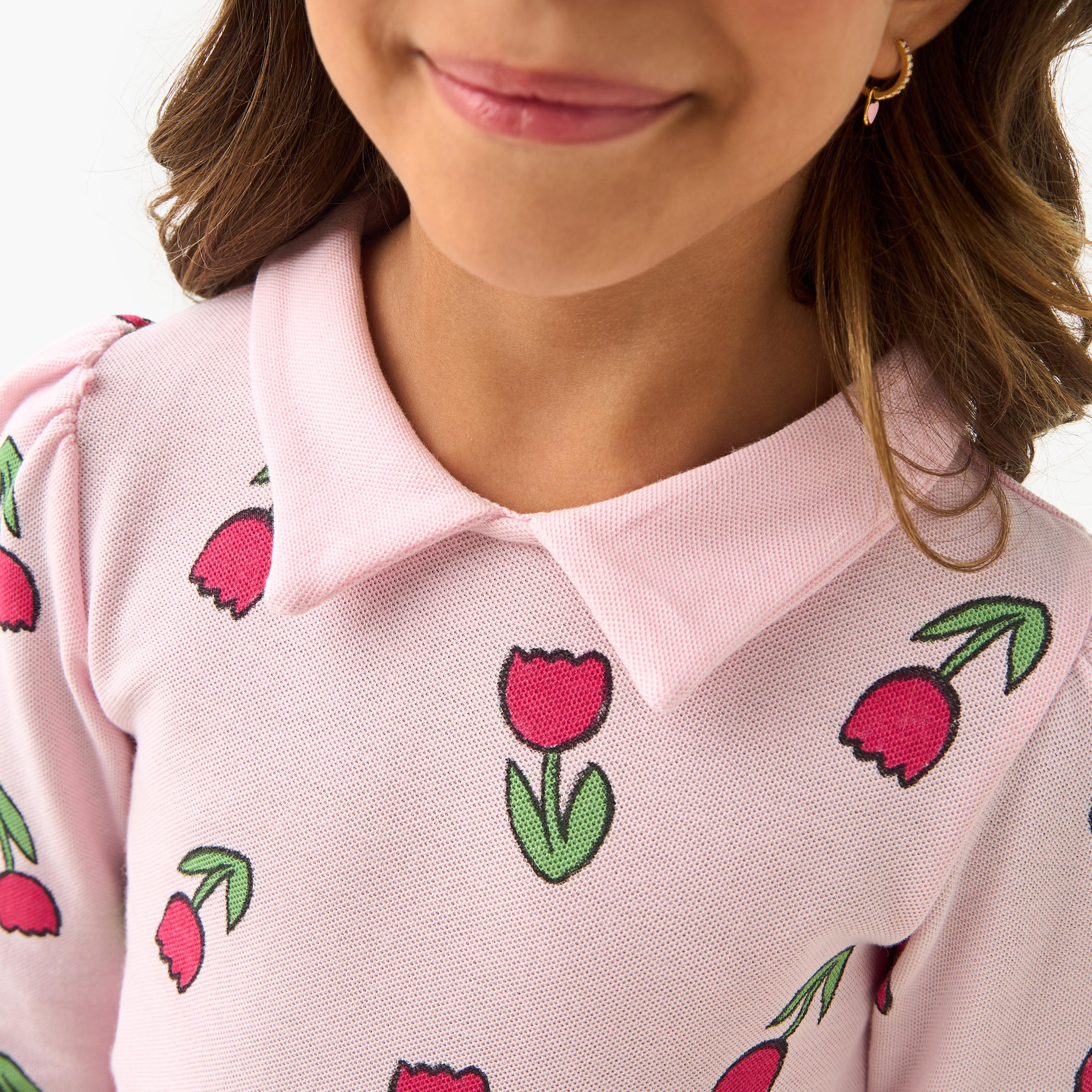 Juniors Floral Print Collared T-shirt with Long Sleeves-girls-clothing-tshirts-image-5