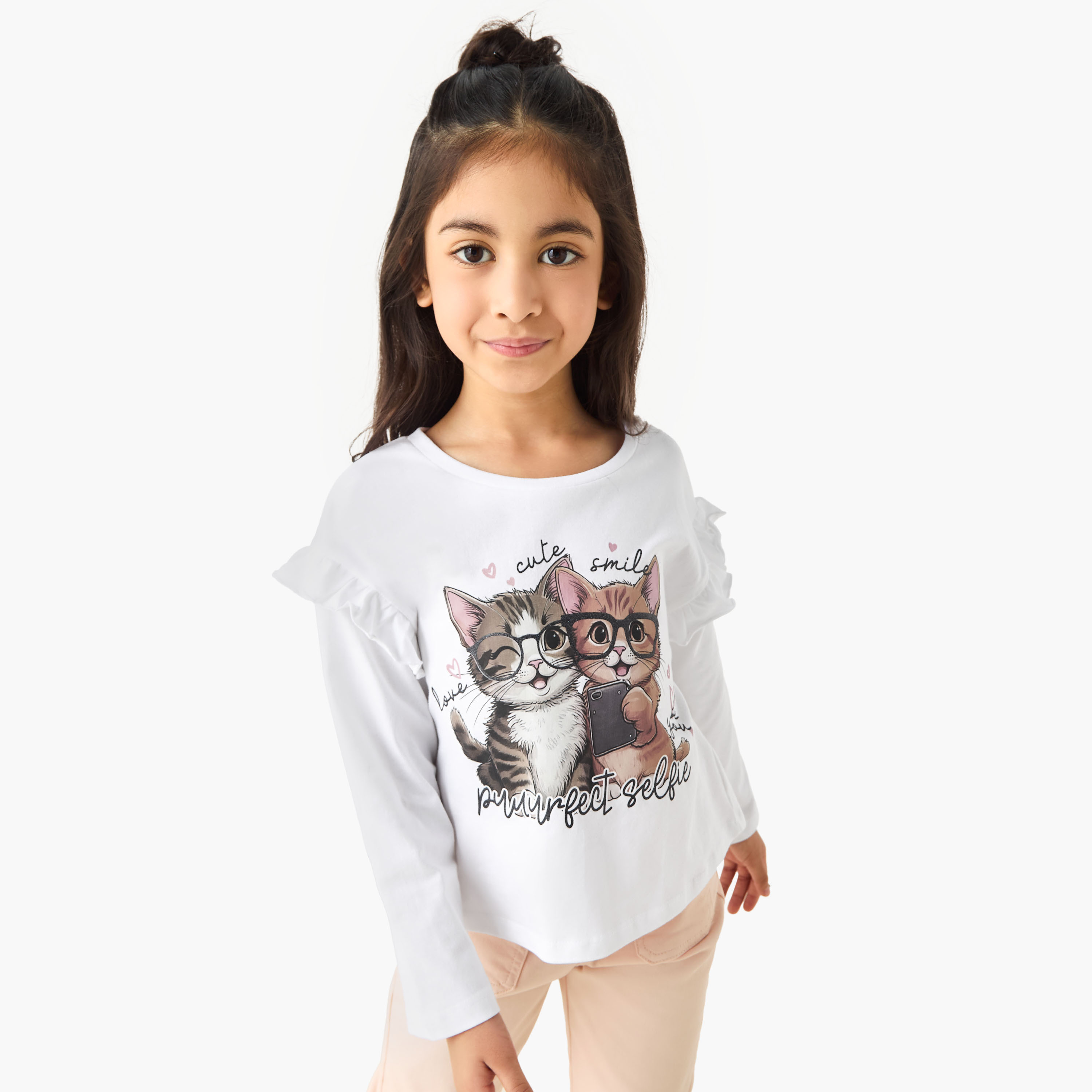 Juniors Cat Print T-shirt with Long Sleeves-girls-clothing-tshirts-image-1