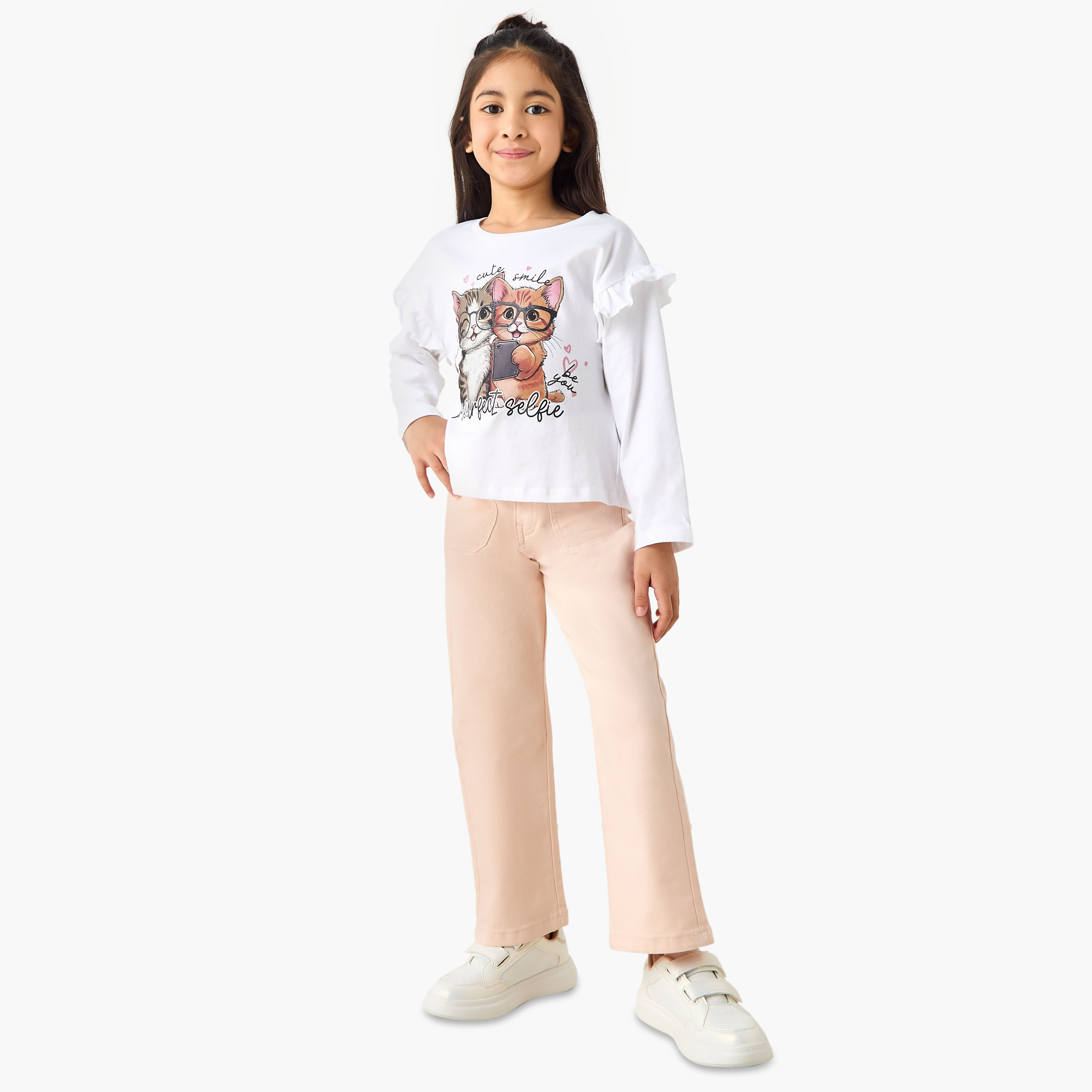 Juniors Cat Print T-shirt with Long Sleeves-girls-clothing-tshirts-image-2