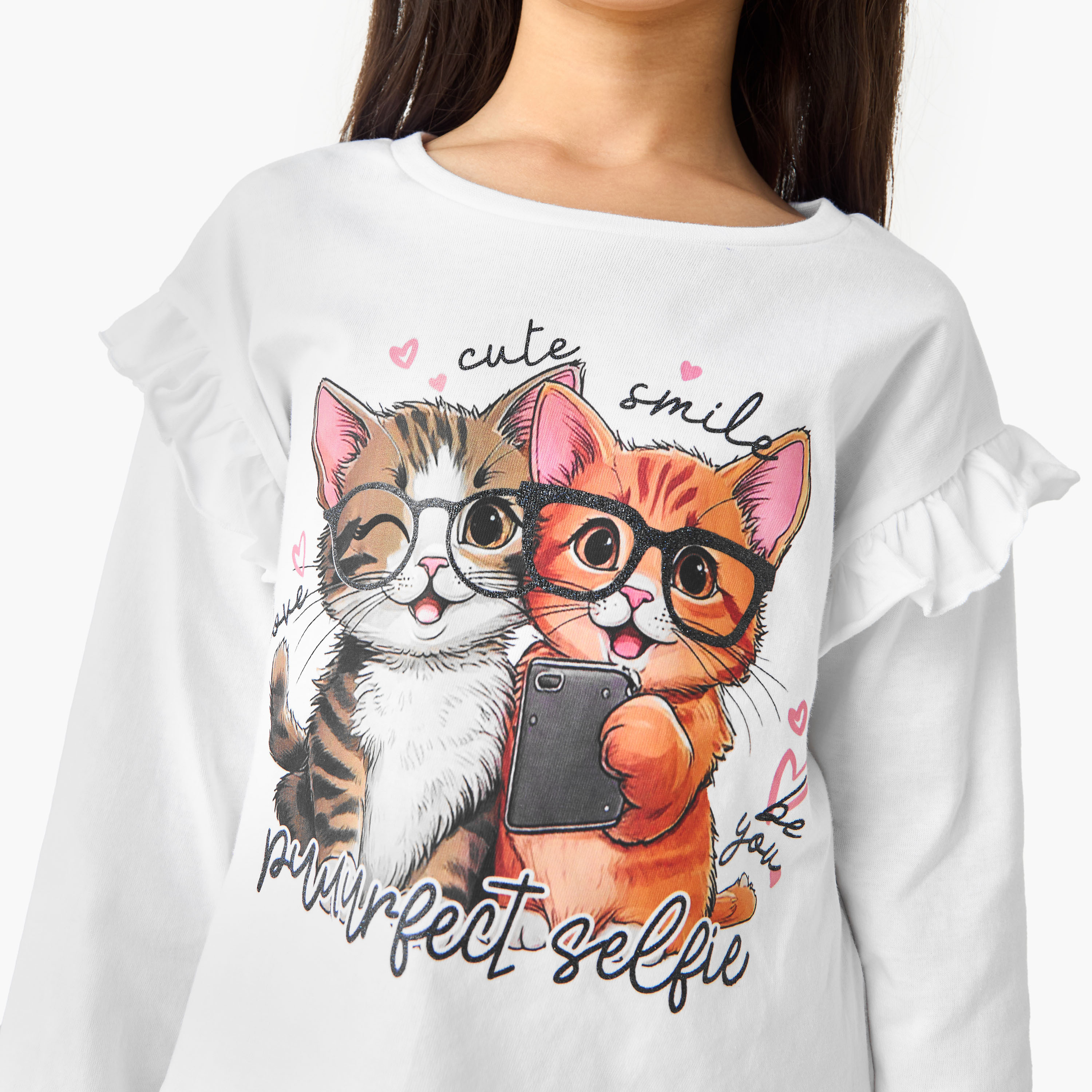 Juniors Cat Print T-shirt with Long Sleeves-girls-clothing-tshirts-image-4
