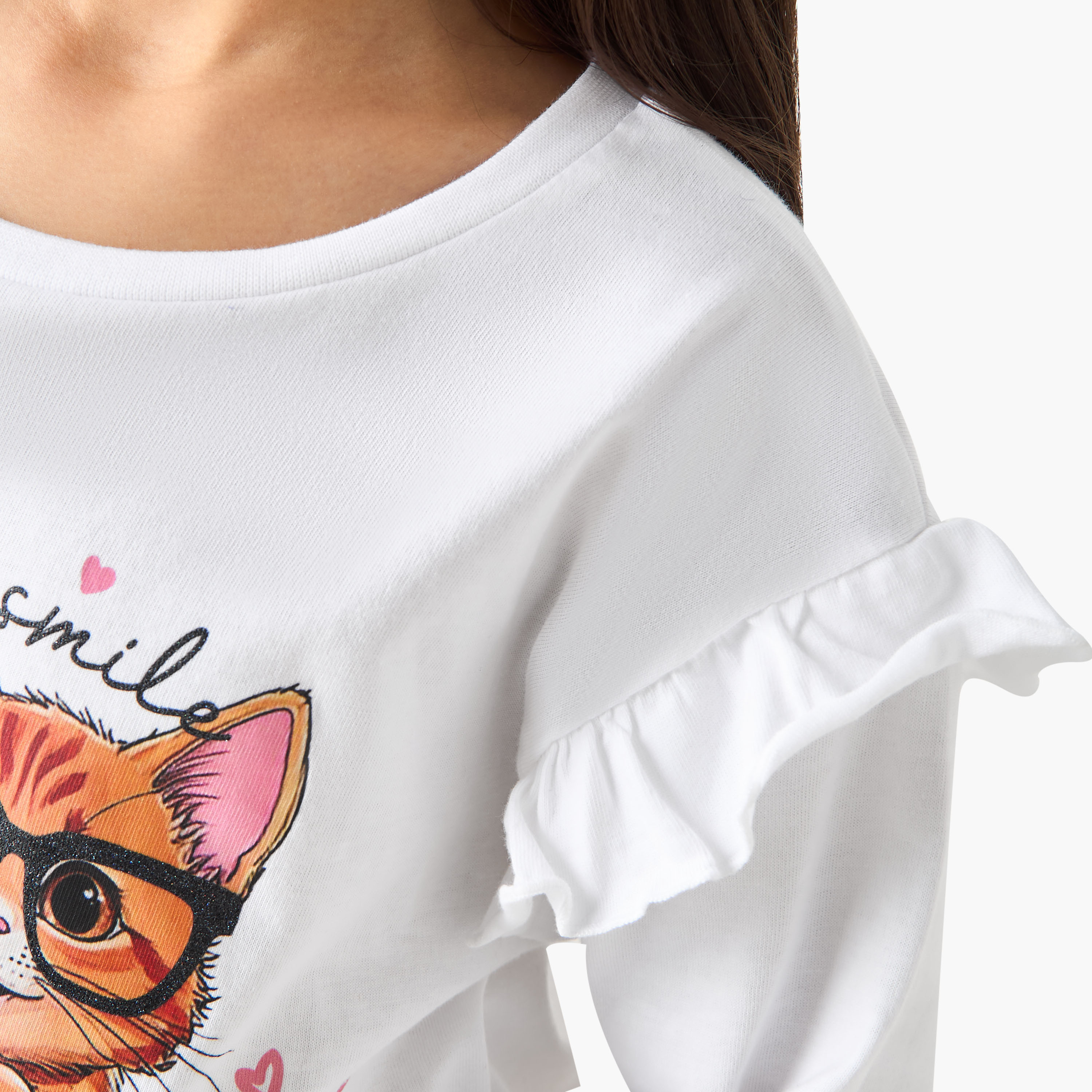 Juniors Cat Print T-shirt with Long Sleeves-girls-clothing-tshirts-image-5