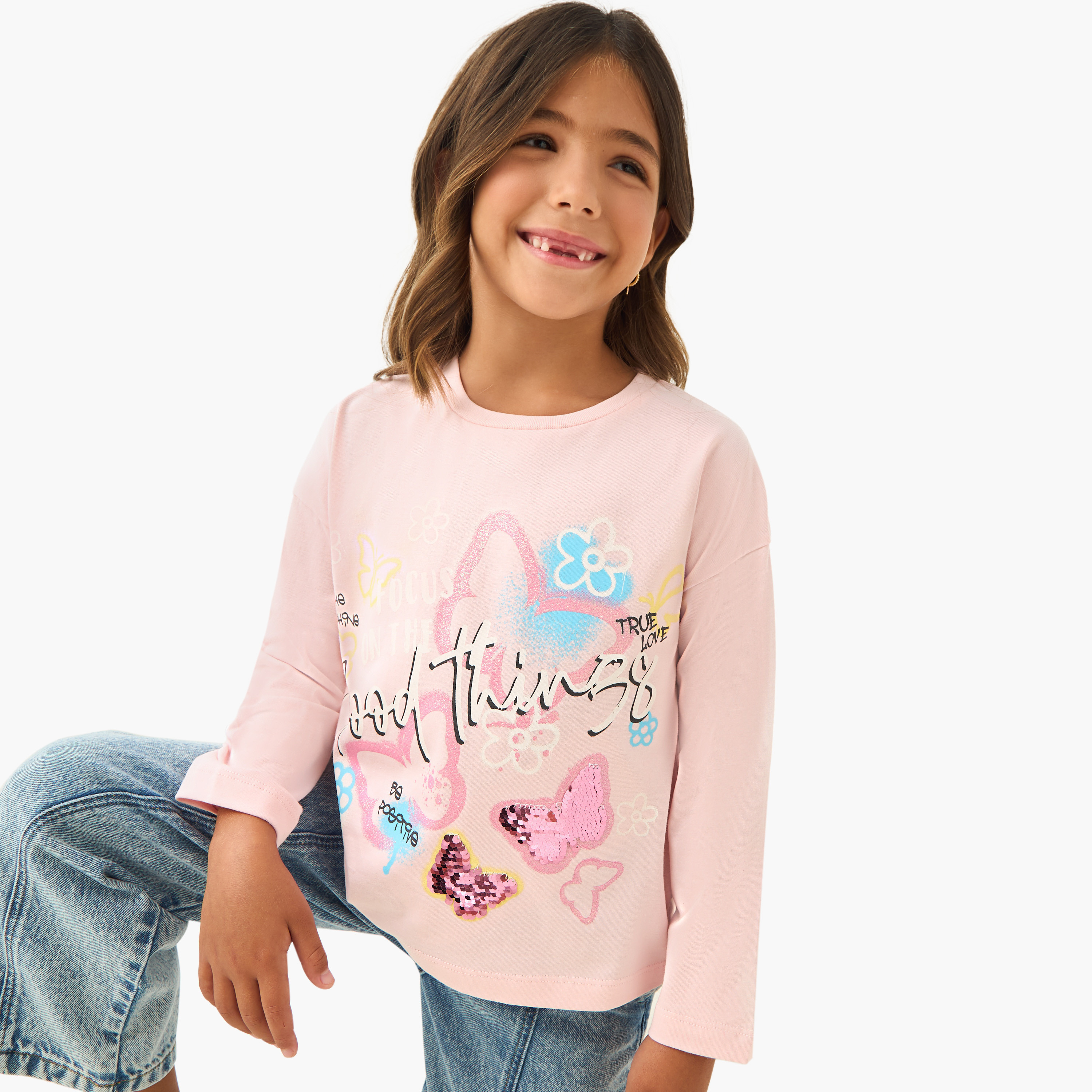 Juniors Printed T-shirt with Long Sleeves-girls-clothing-tshirts-image-1