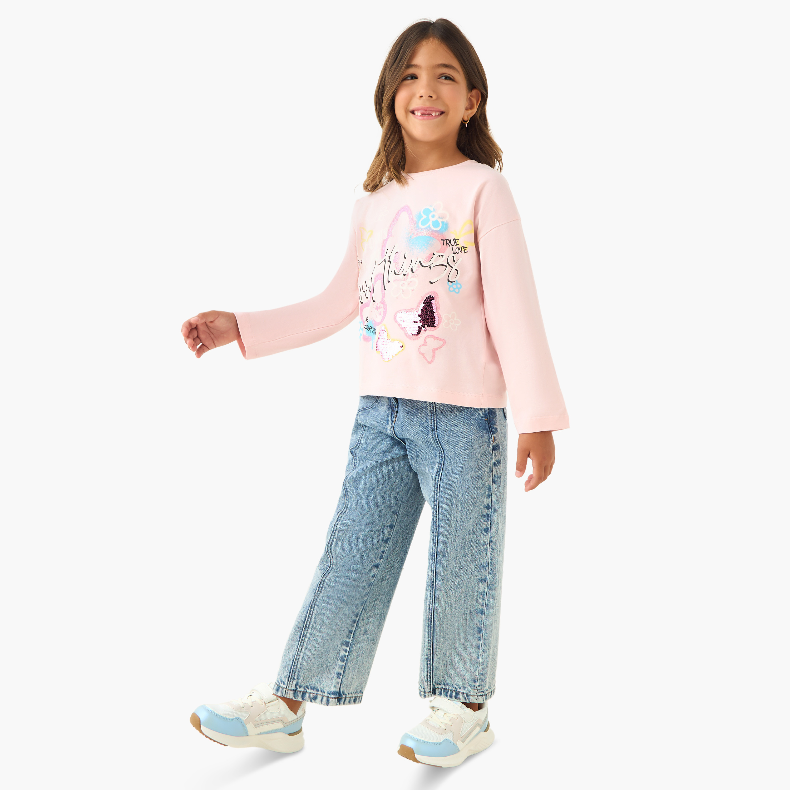 Juniors Printed T-shirt with Long Sleeves-girls-clothing-tshirts-image-2