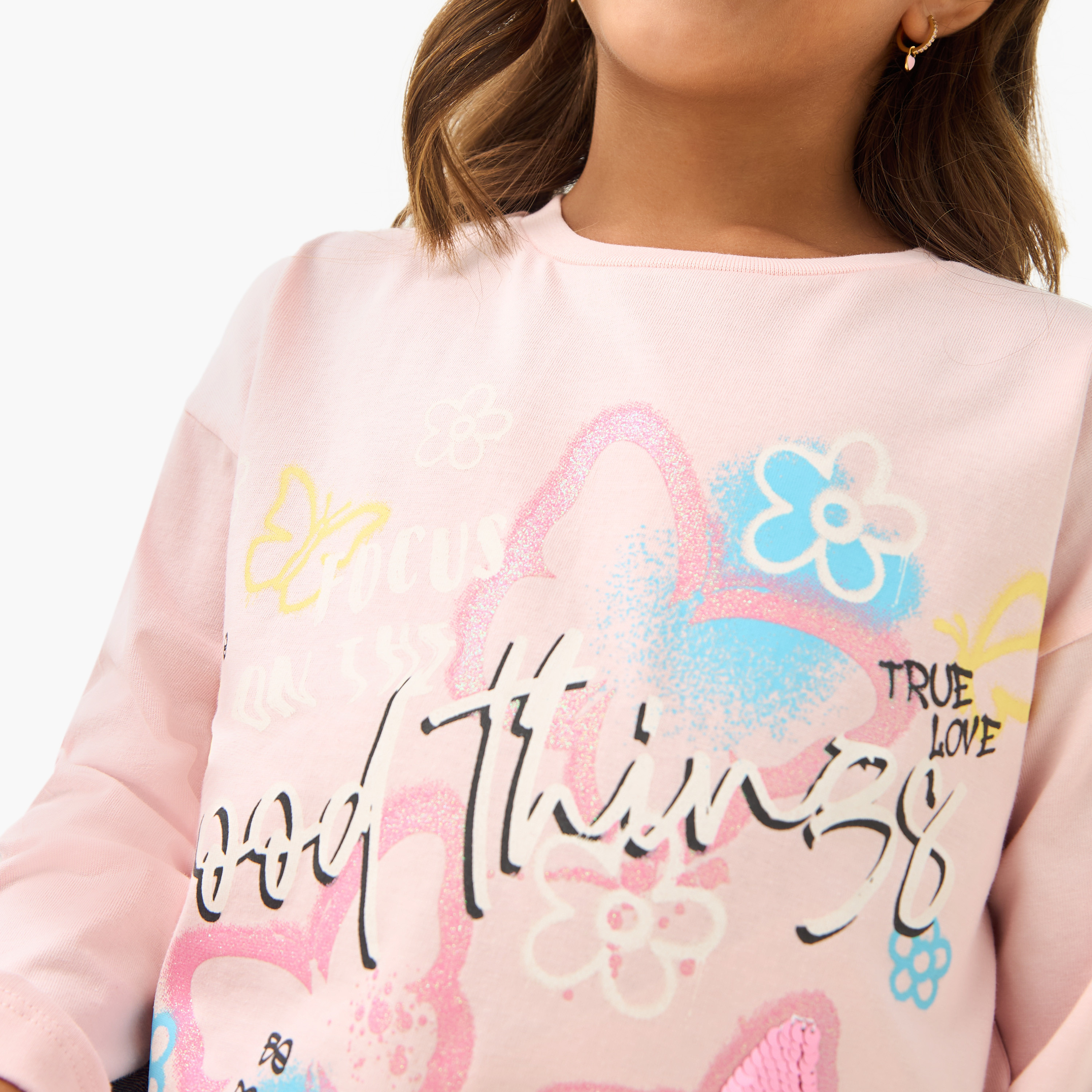 Juniors Printed T-shirt with Long Sleeves-girls-clothing-tshirts-image-4