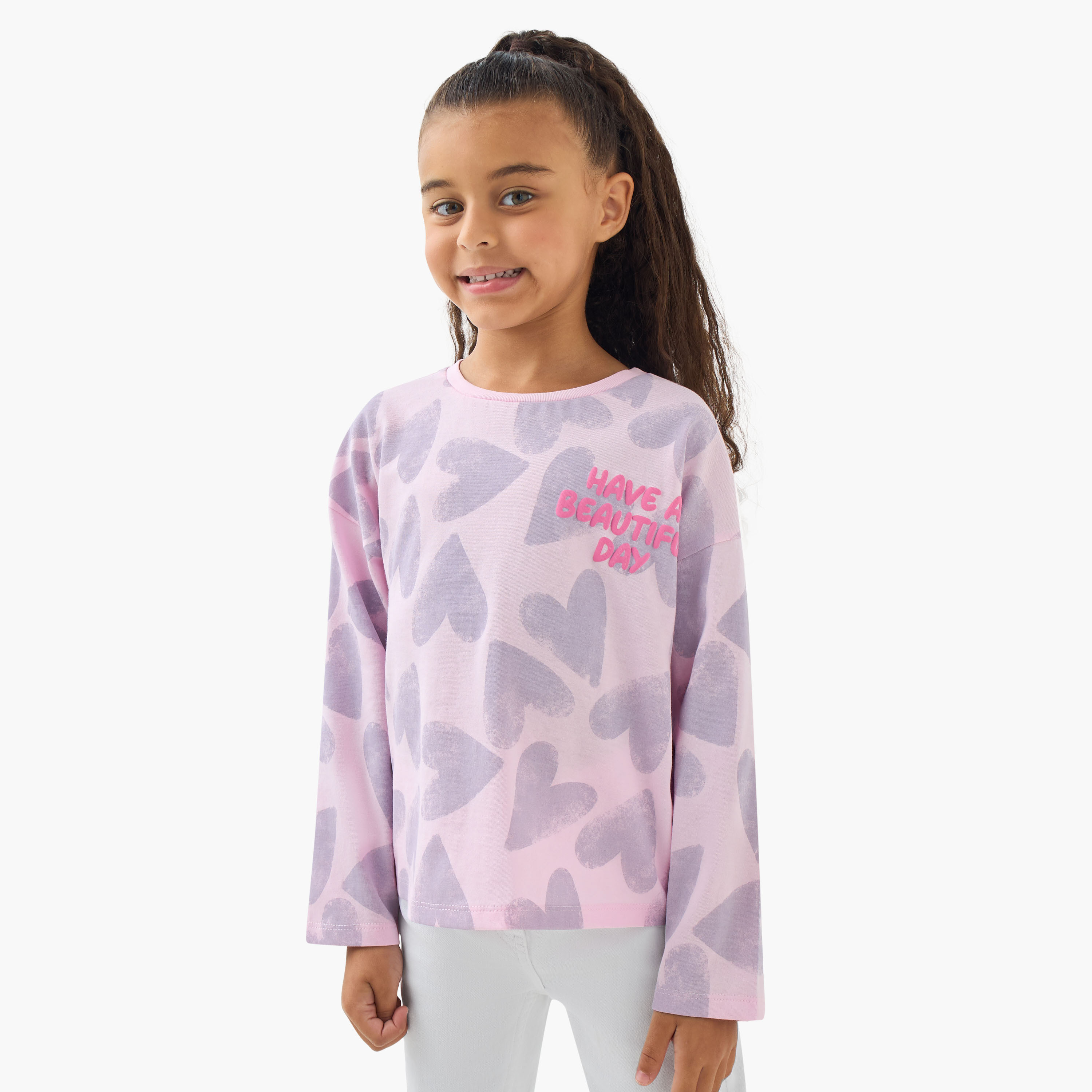 Juniors Girls Crew Neck T-Shirt with Heart Print - Cotton - Long Sleeves-girls-clothing-tshirts-image-1