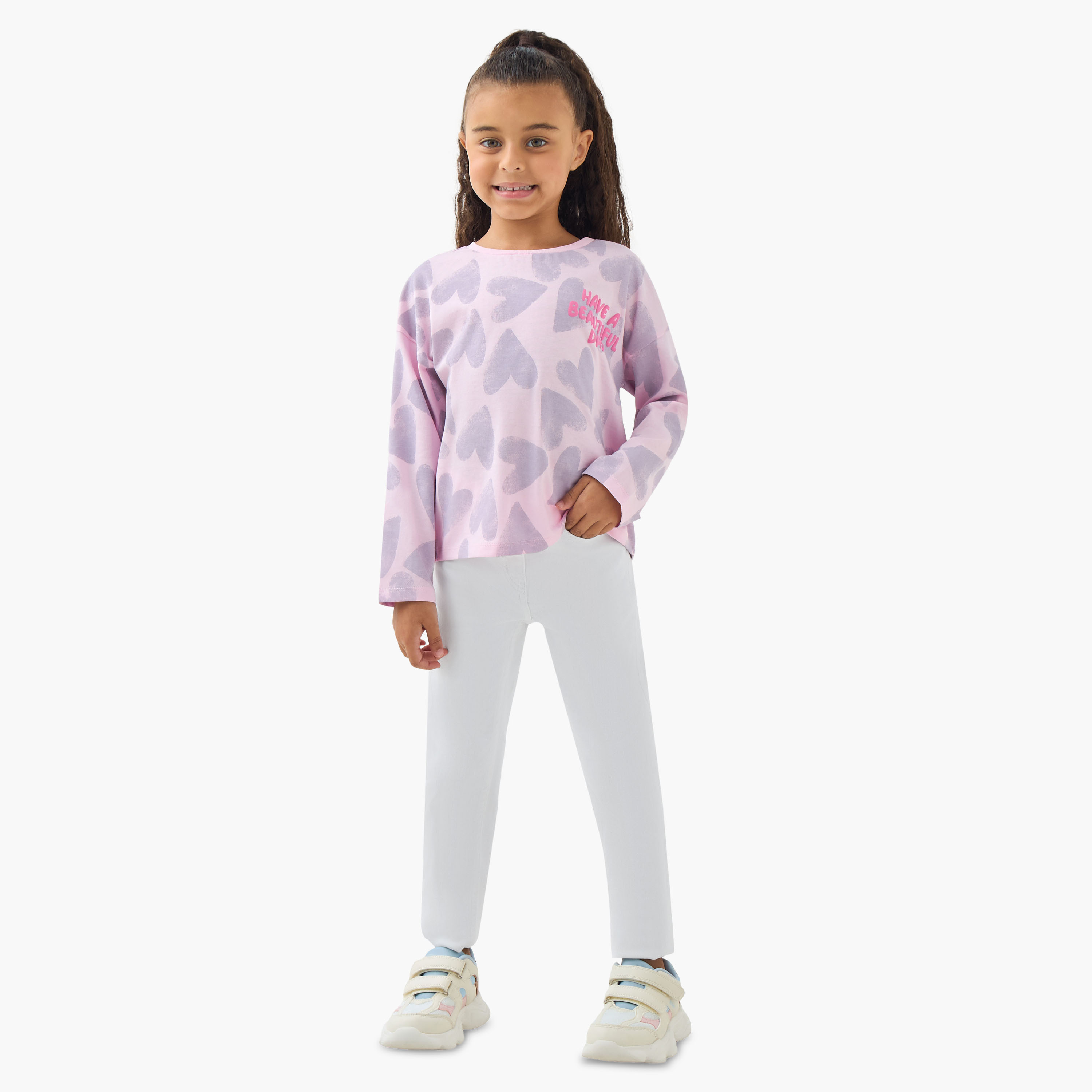 Juniors Girls Crew Neck T-Shirt with Heart Print - Cotton - Long Sleeves-girls-clothing-tshirts-image-2