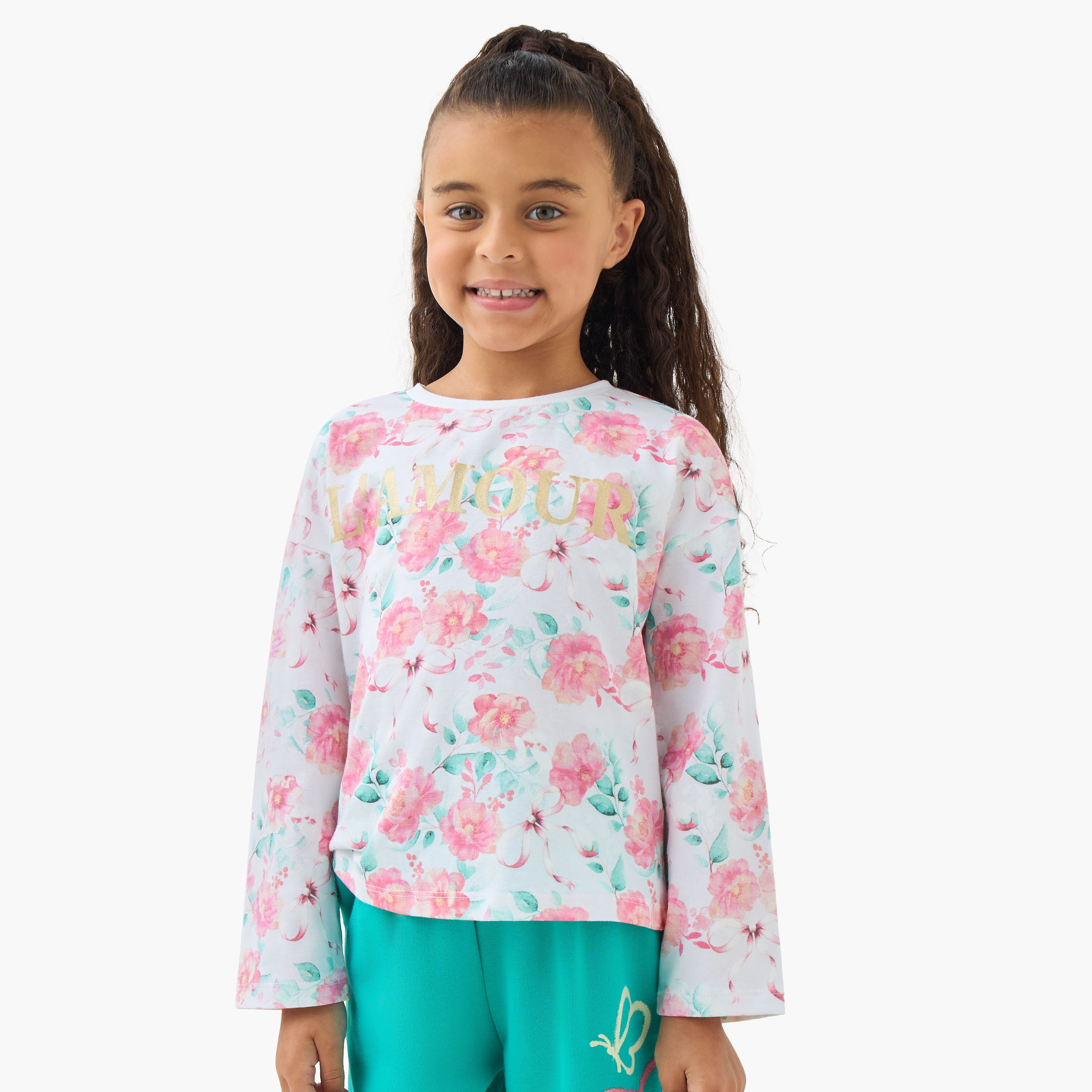 Juniors Girls Crew Neck T-shirt with Floral Print - Cotton - Long Sleeves-girls-clothing-tshirts-image-1
