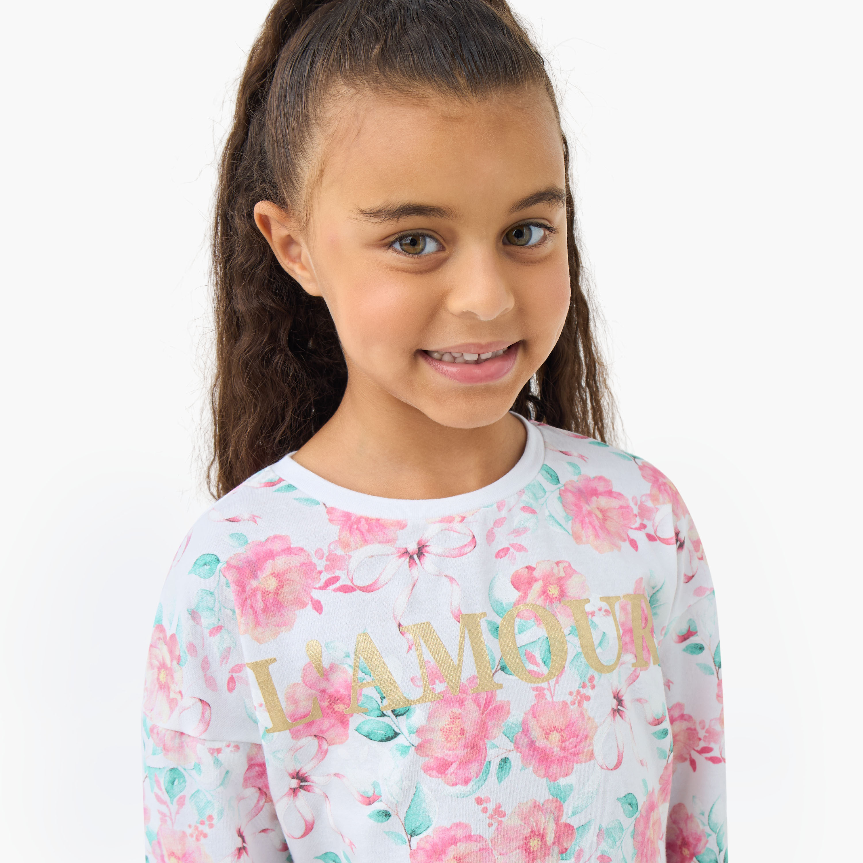 Juniors Girls Crew Neck T-shirt with Floral Print - Cotton - Long Sleeves-girls-clothing-tshirts-image-4