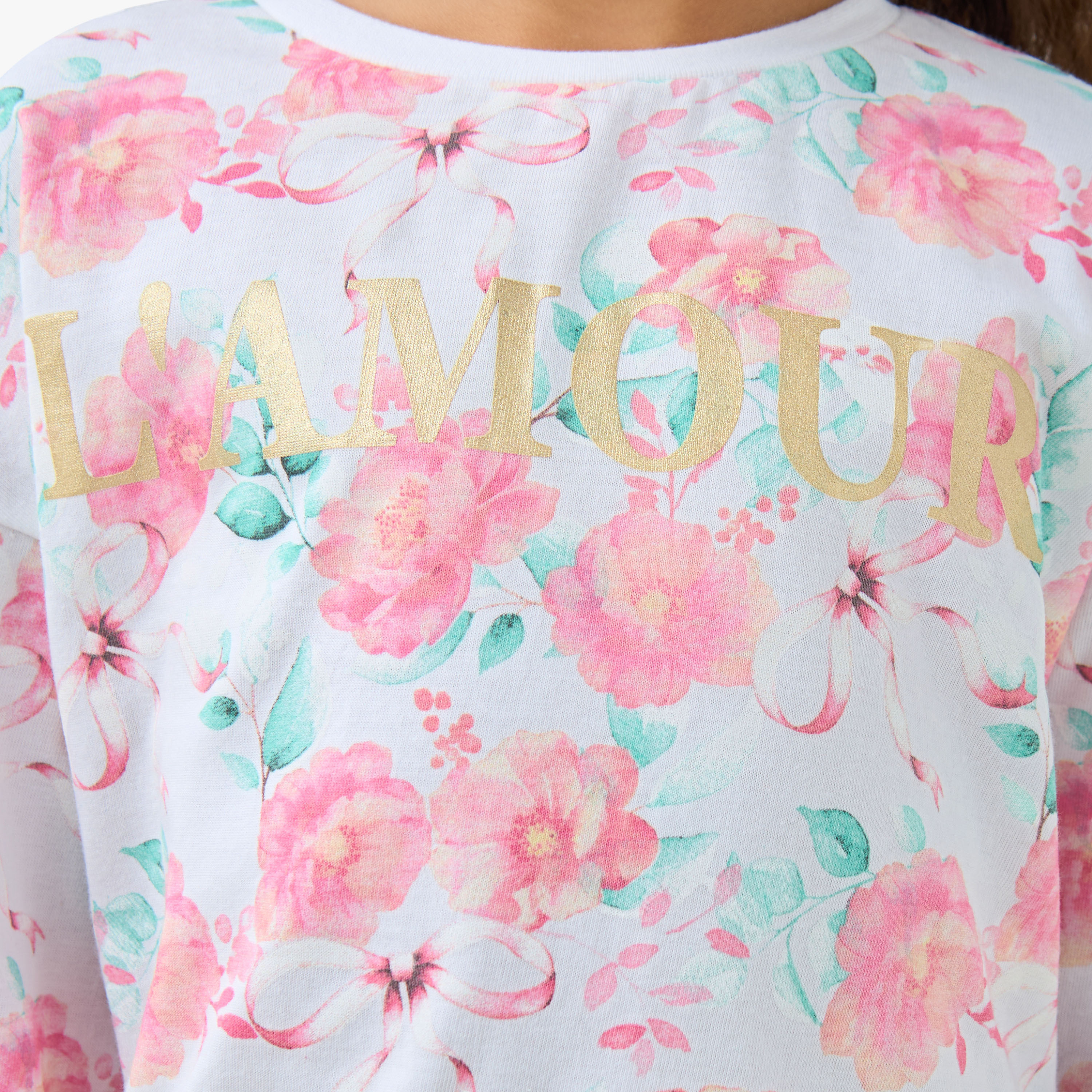 Juniors Girls Crew Neck T-shirt with Floral Print - Cotton - Long Sleeves-girls-clothing-tshirts-image-5