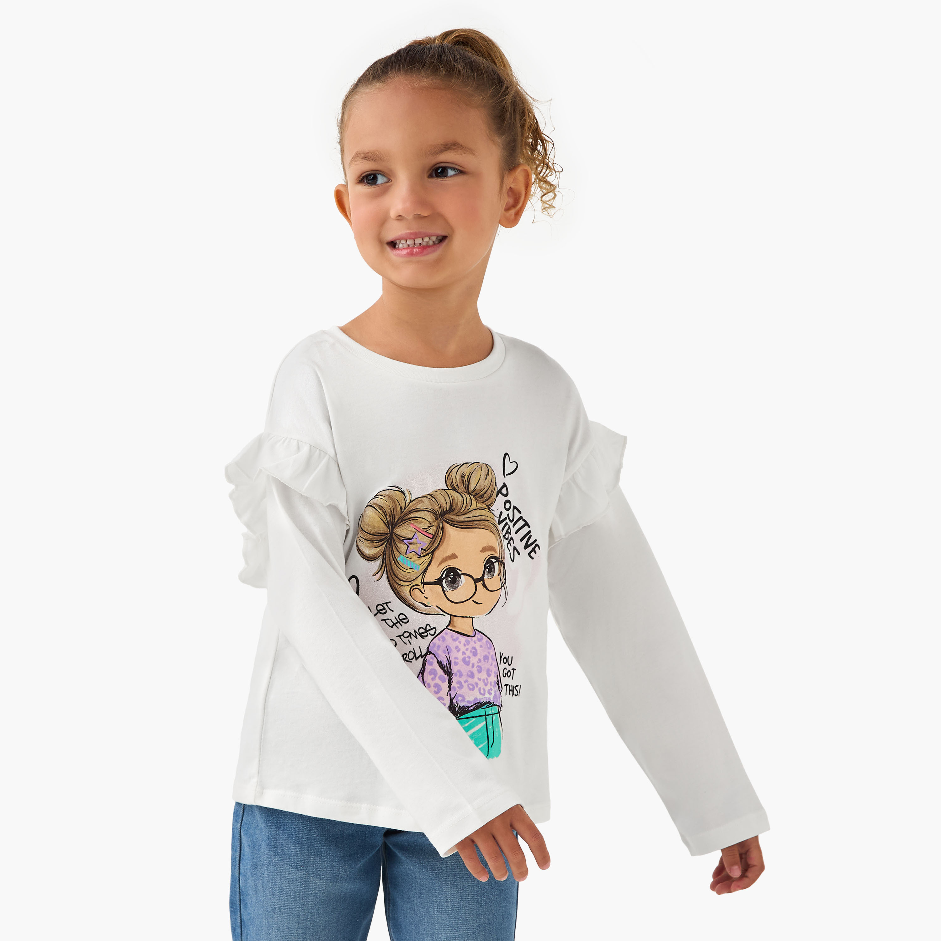 تيشيرت بأكمام طويلة وطبعات جرافيك وياقة ضيقة من جونيورز-girls-clothing-tshirts-image-5
