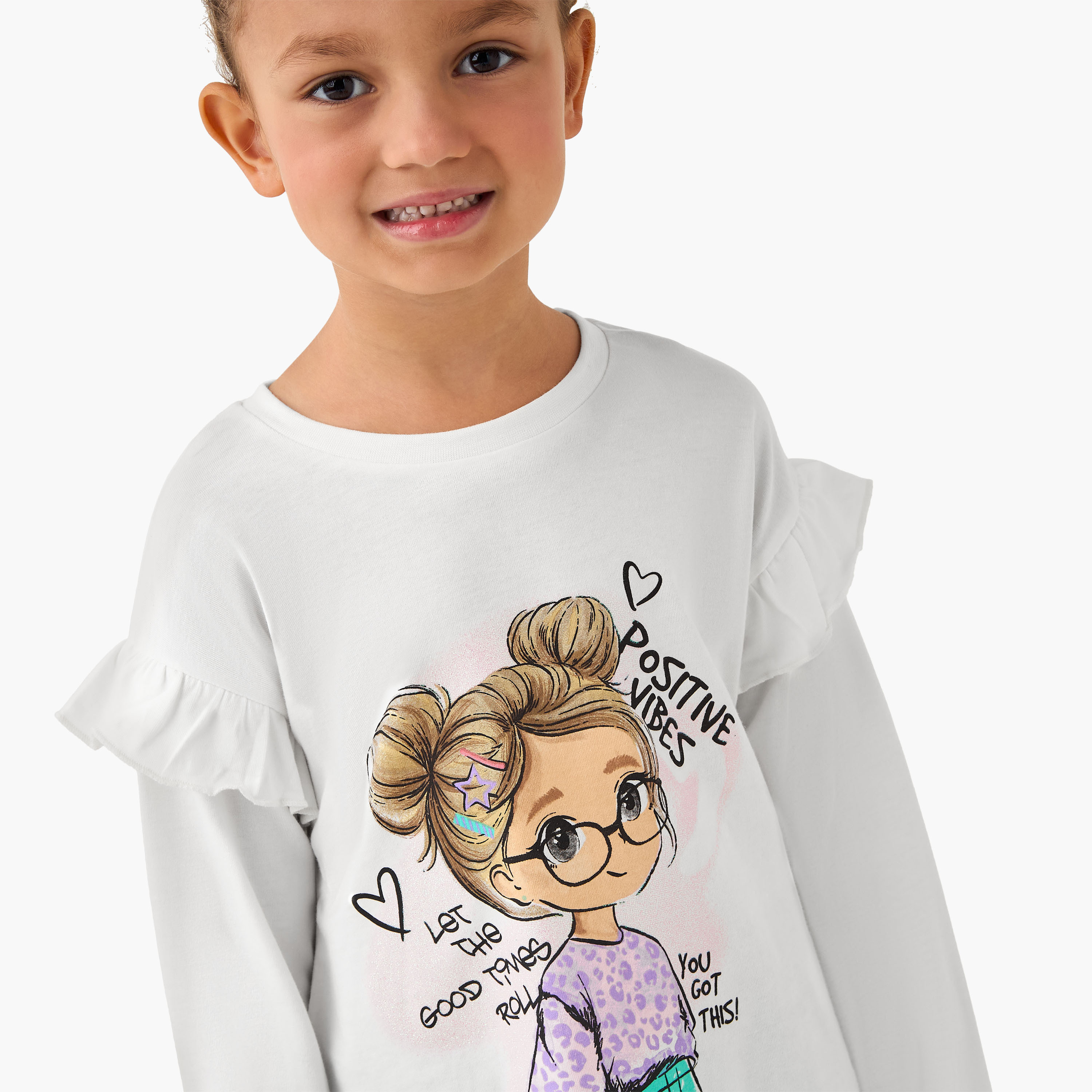 تيشيرت بأكمام طويلة وطبعات جرافيك وياقة ضيقة من جونيورز-girls-clothing-tshirts-image-2