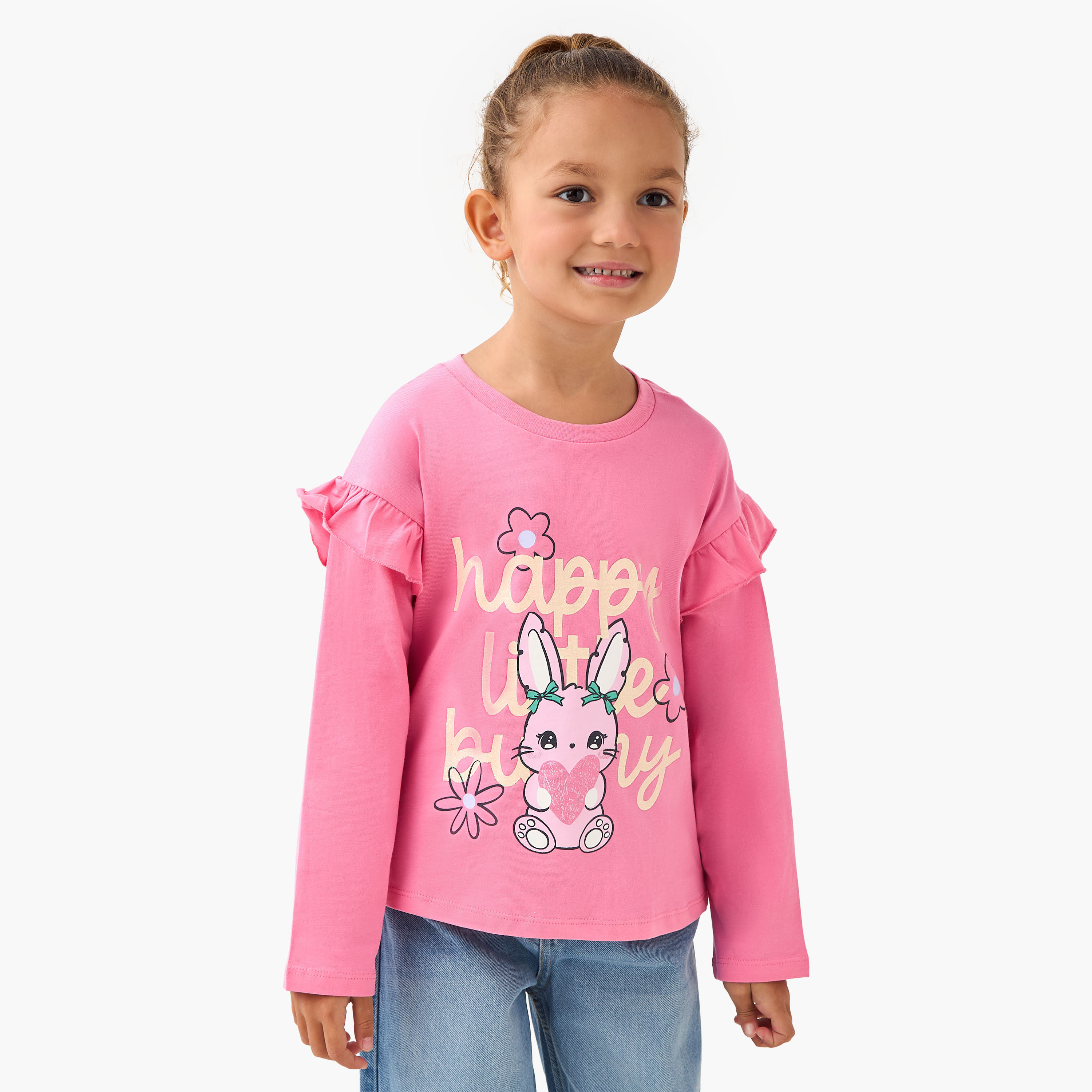 Juniors Crew Neck Long Sleeve T-shirt with Bunny Graphic Print-girls-clothing-tshirts-image-1