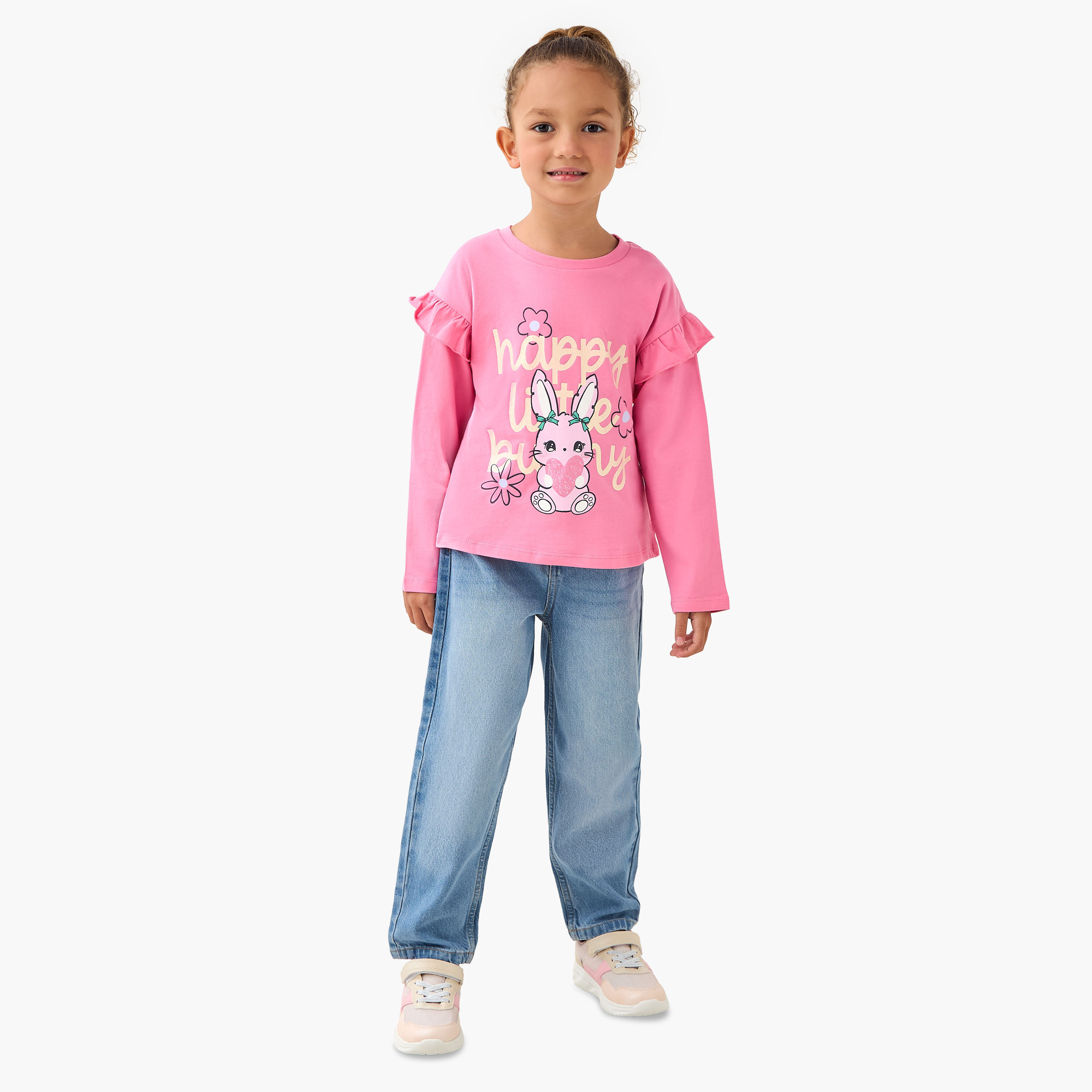 Juniors Crew Neck Long Sleeve T-shirt with Bunny Graphic Print-girls-clothing-tshirts-image-2