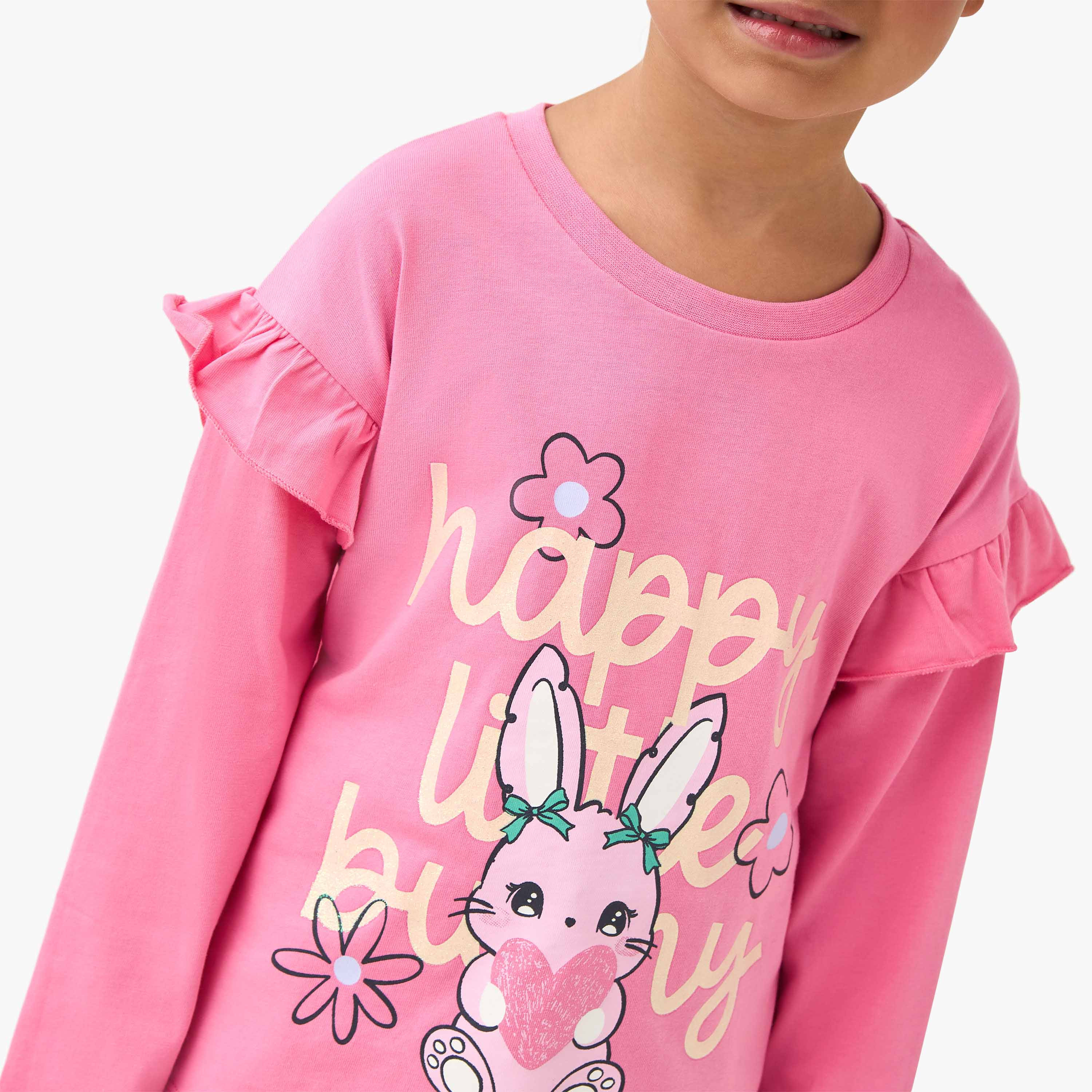 Juniors Crew Neck Long Sleeve T-shirt with Bunny Graphic Print-girls-clothing-tshirts-image-4