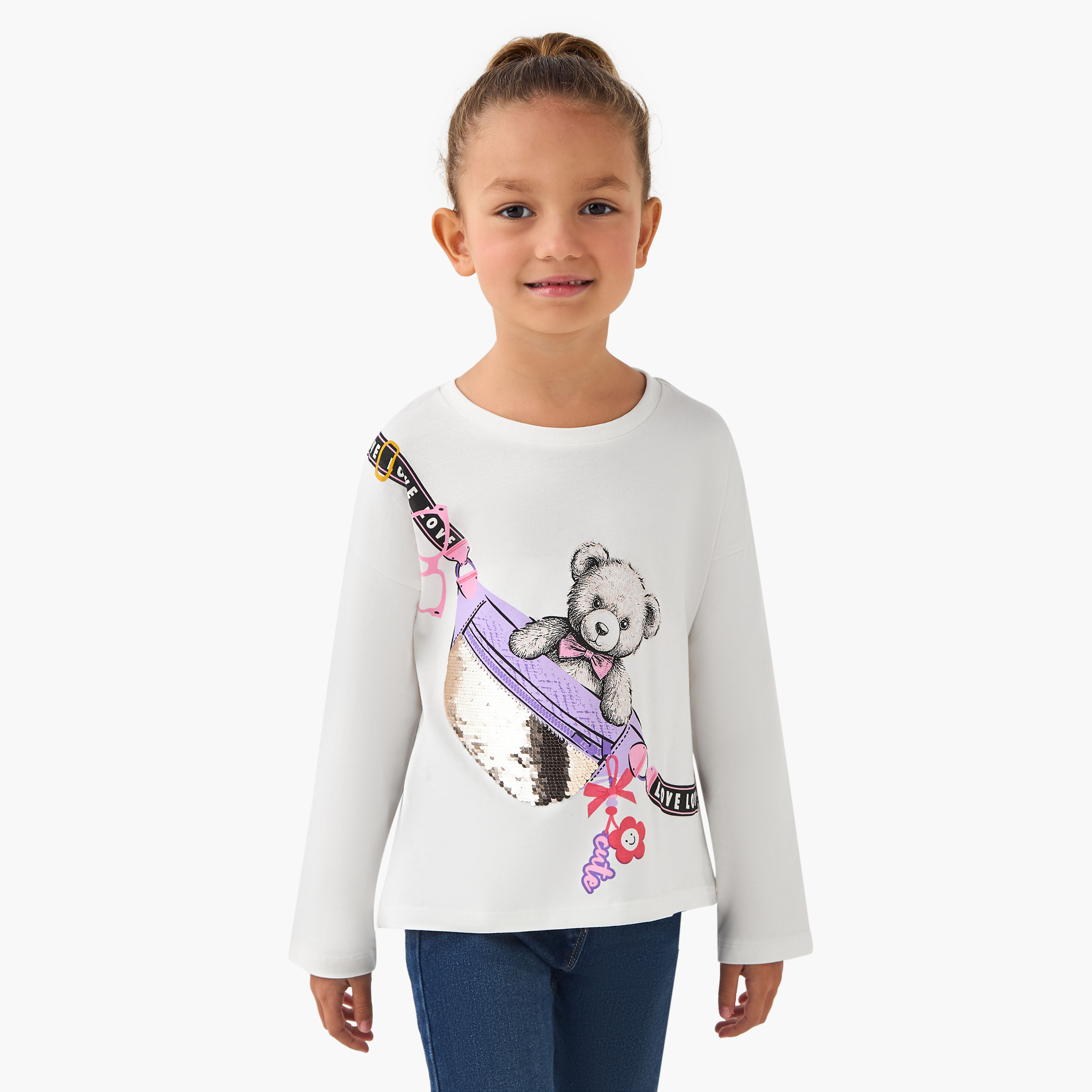 Juniors Crew Neck Long Sleeve T-shirt with Sequin Detail-girls-clothing-tshirts-image-1