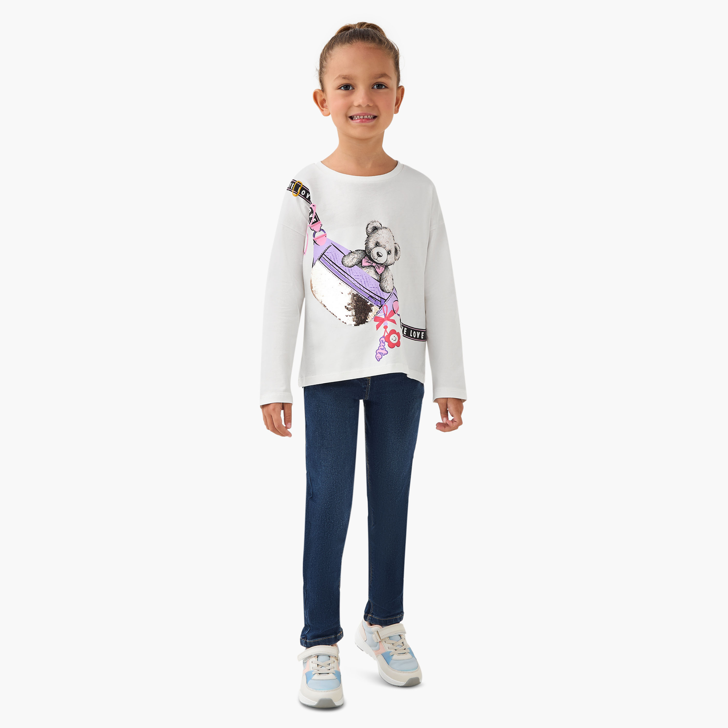 Juniors Crew Neck Long Sleeve T-shirt with Sequin Detail-girls-clothing-tshirts-image-2