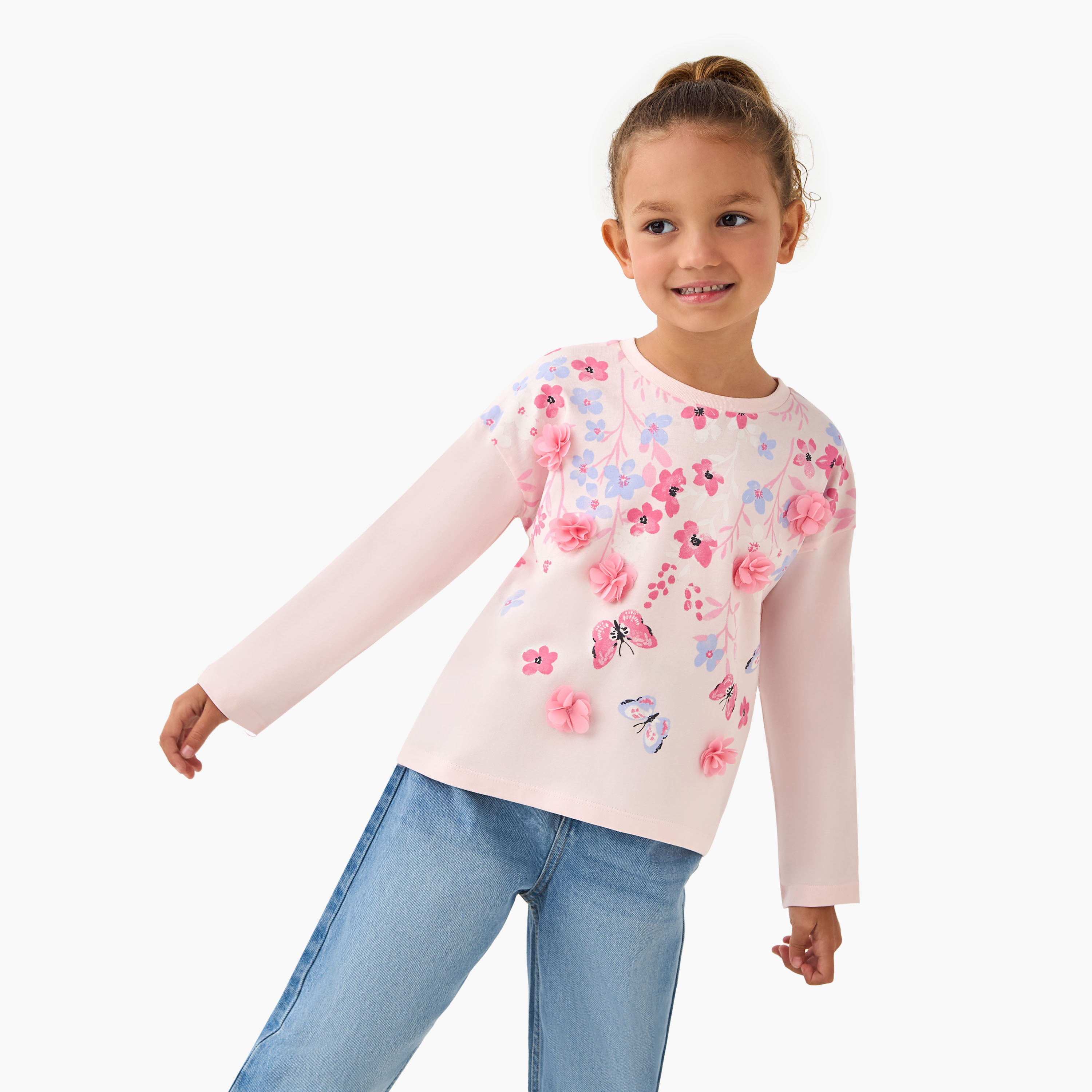 Juniors Crew Neck Long Sleeve T-shirt with Floral Applique-girls-clothing-tshirts-image-1