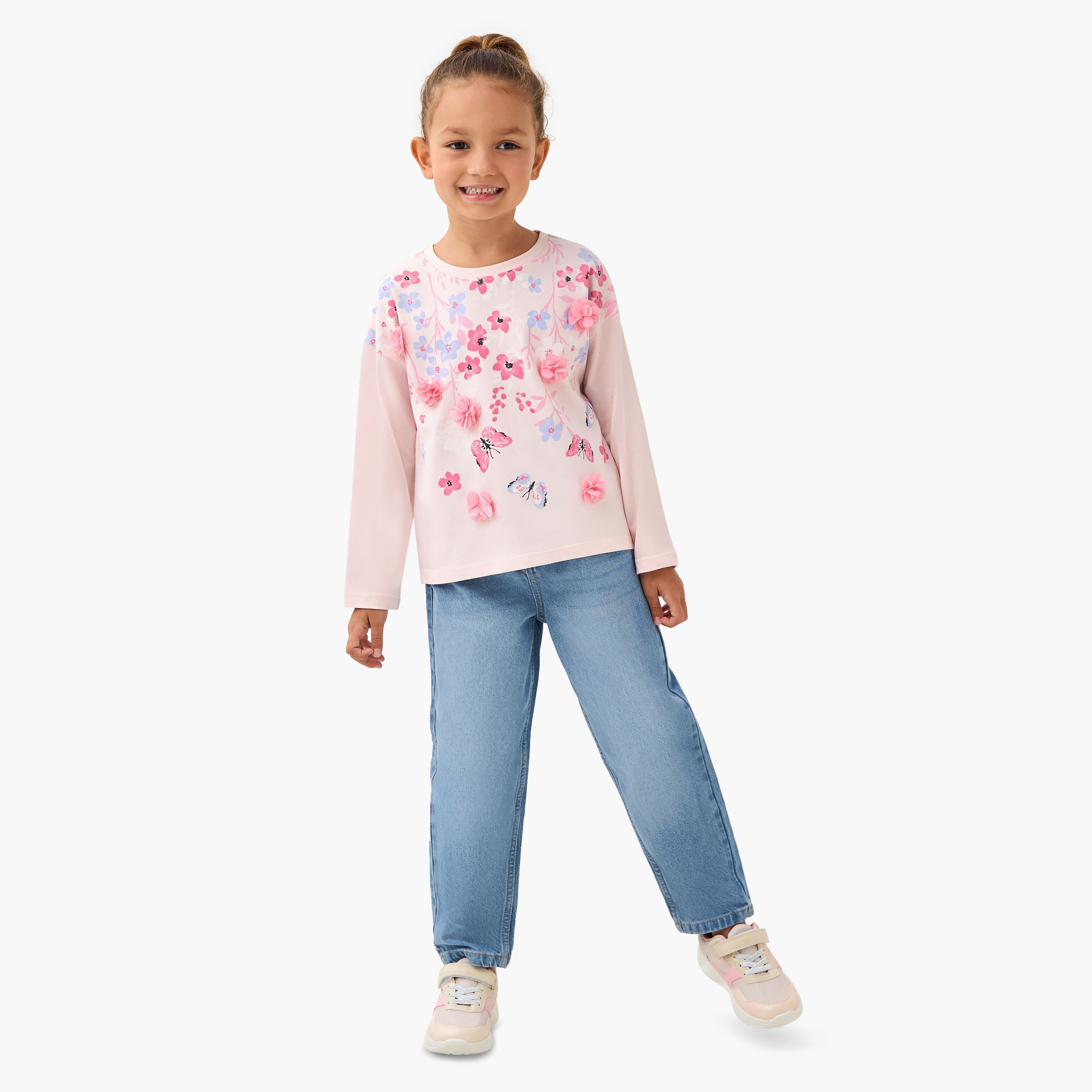 Juniors Crew Neck Long Sleeve T-shirt with Floral Applique-girls-clothing-tshirts-image-2