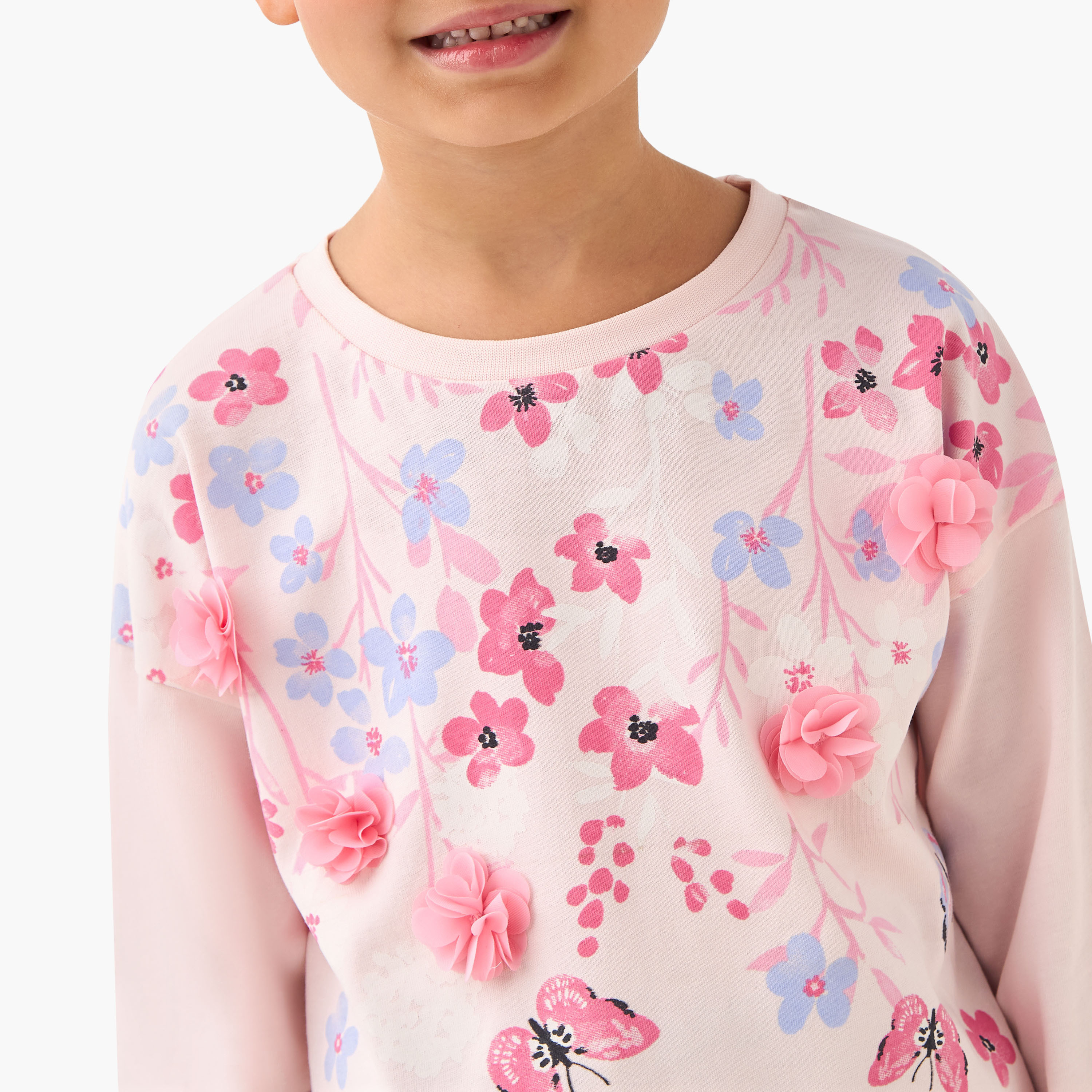 Juniors Crew Neck Long Sleeve T-shirt with Floral Applique-girls-clothing-tshirts-image-4