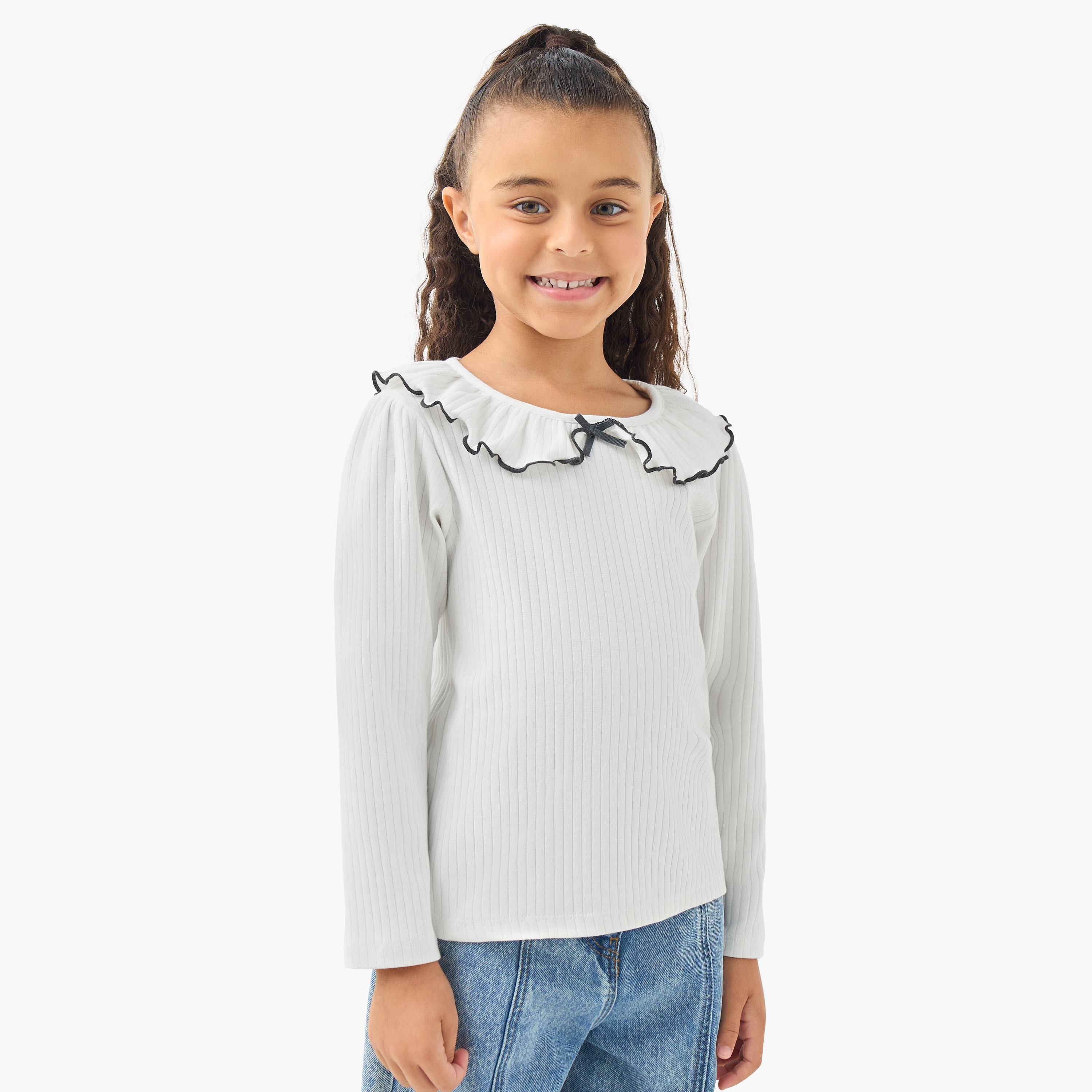 Juniors Girls Ruffled Collar T-shirt with Ribbed Texture - Cotton - Long Sleeves-girls-clothing-tshirts-image-1