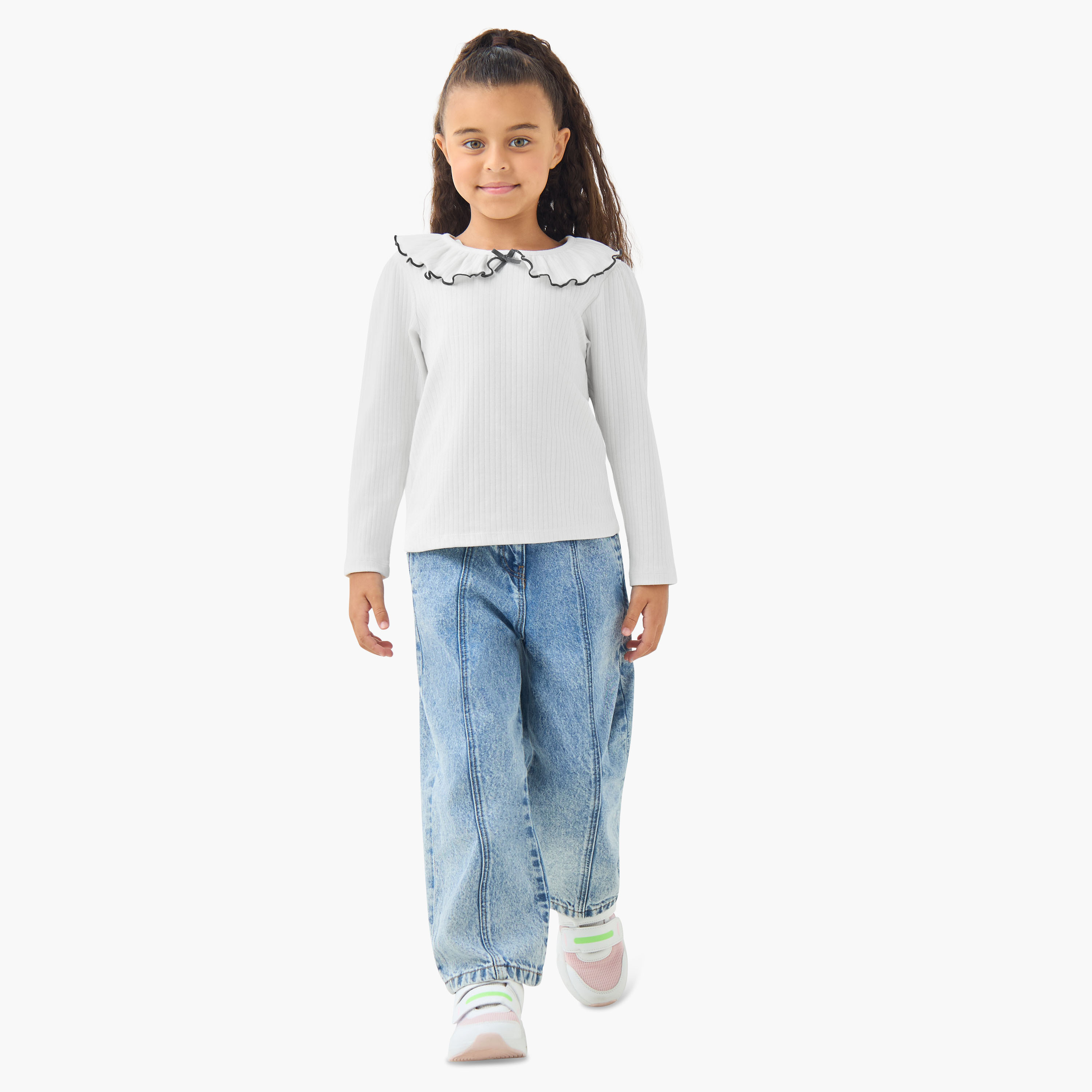 Juniors Girls Ruffled Collar T-shirt with Ribbed Texture - Cotton - Long Sleeves-girls-clothing-tshirts-image-2
