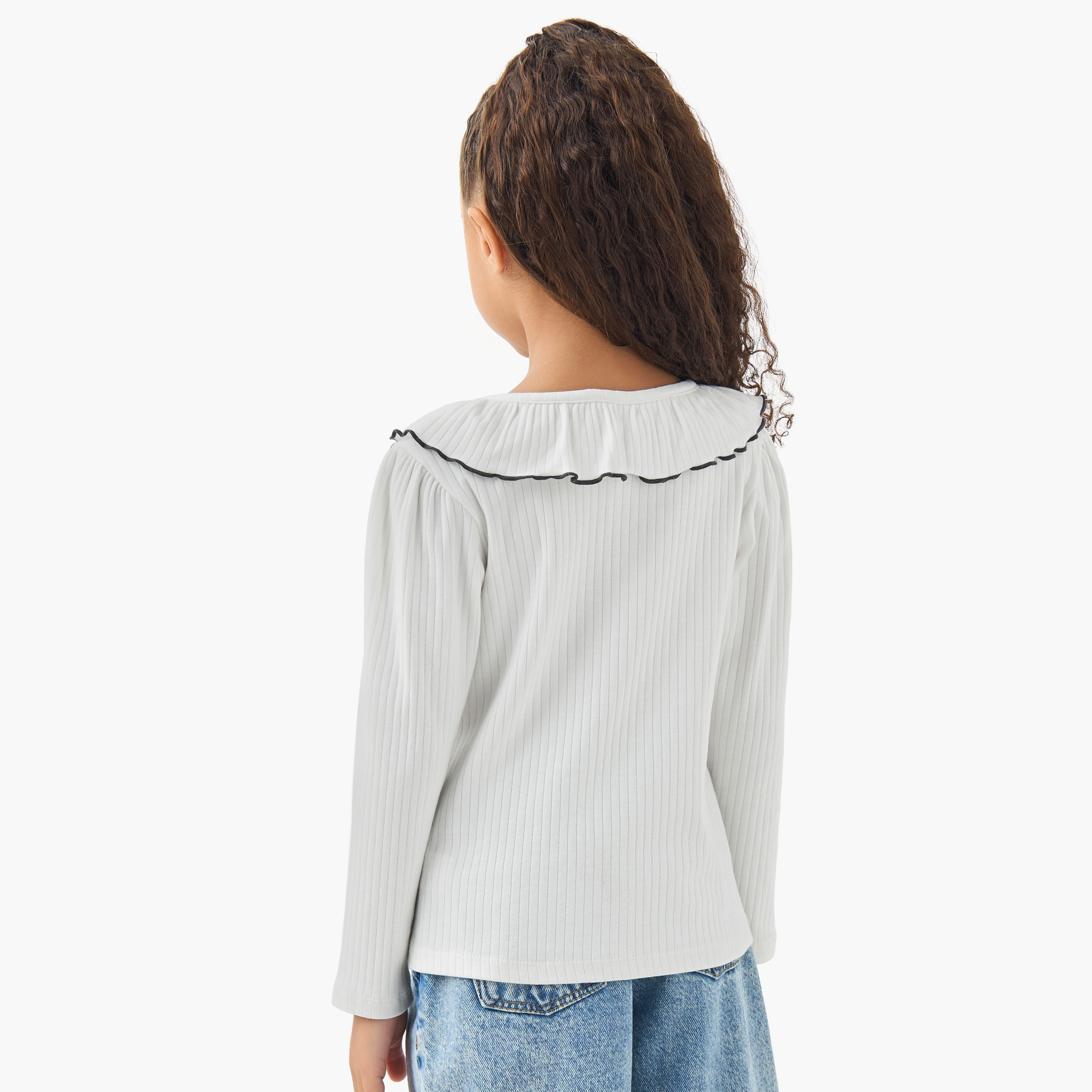 Juniors Girls Ruffled Collar T-shirt with Ribbed Texture - Cotton - Long Sleeves-girls-clothing-tshirts-image-3