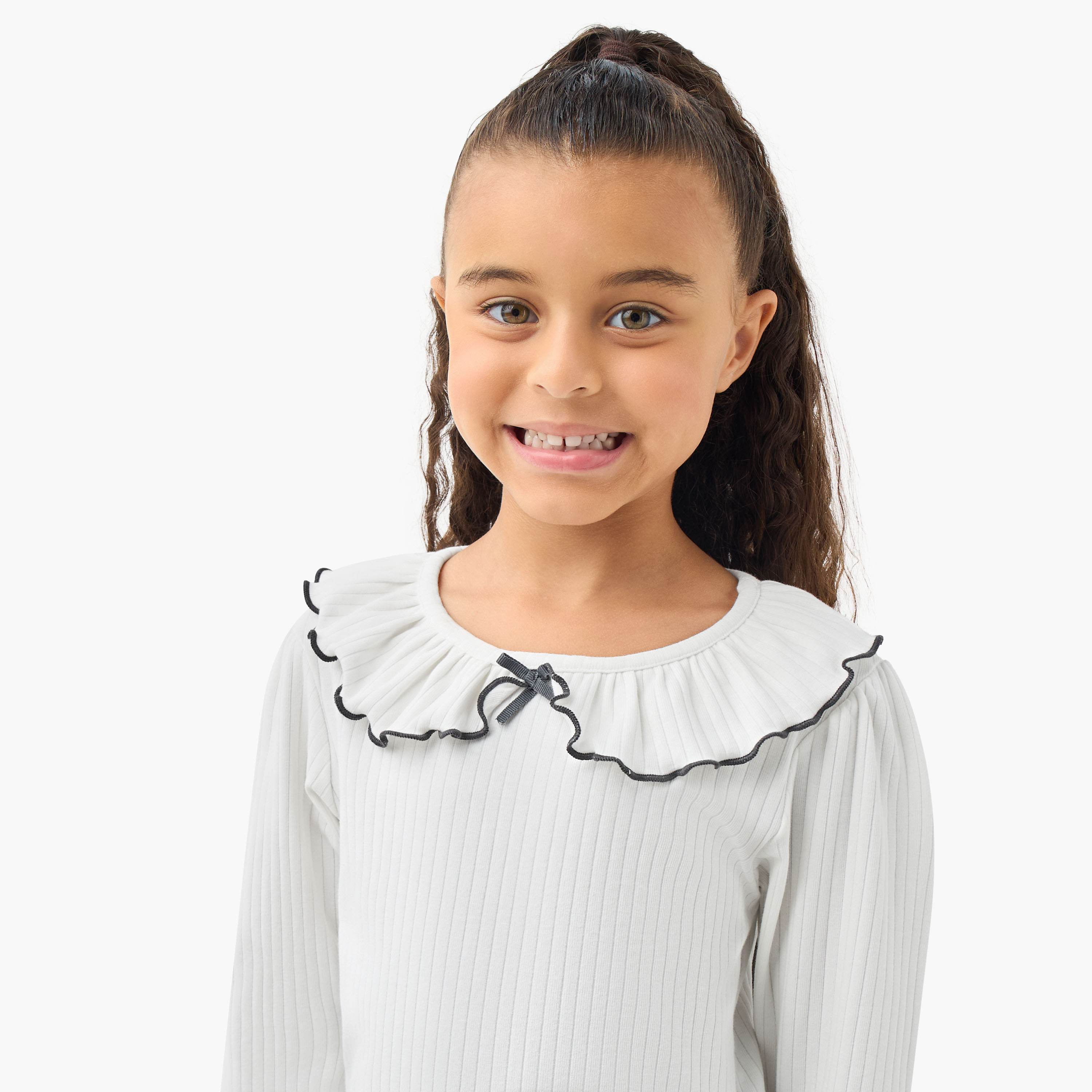 Juniors Girls Ruffled Collar T-shirt with Ribbed Texture - Cotton - Long Sleeves-girls-clothing-tshirts-image-4