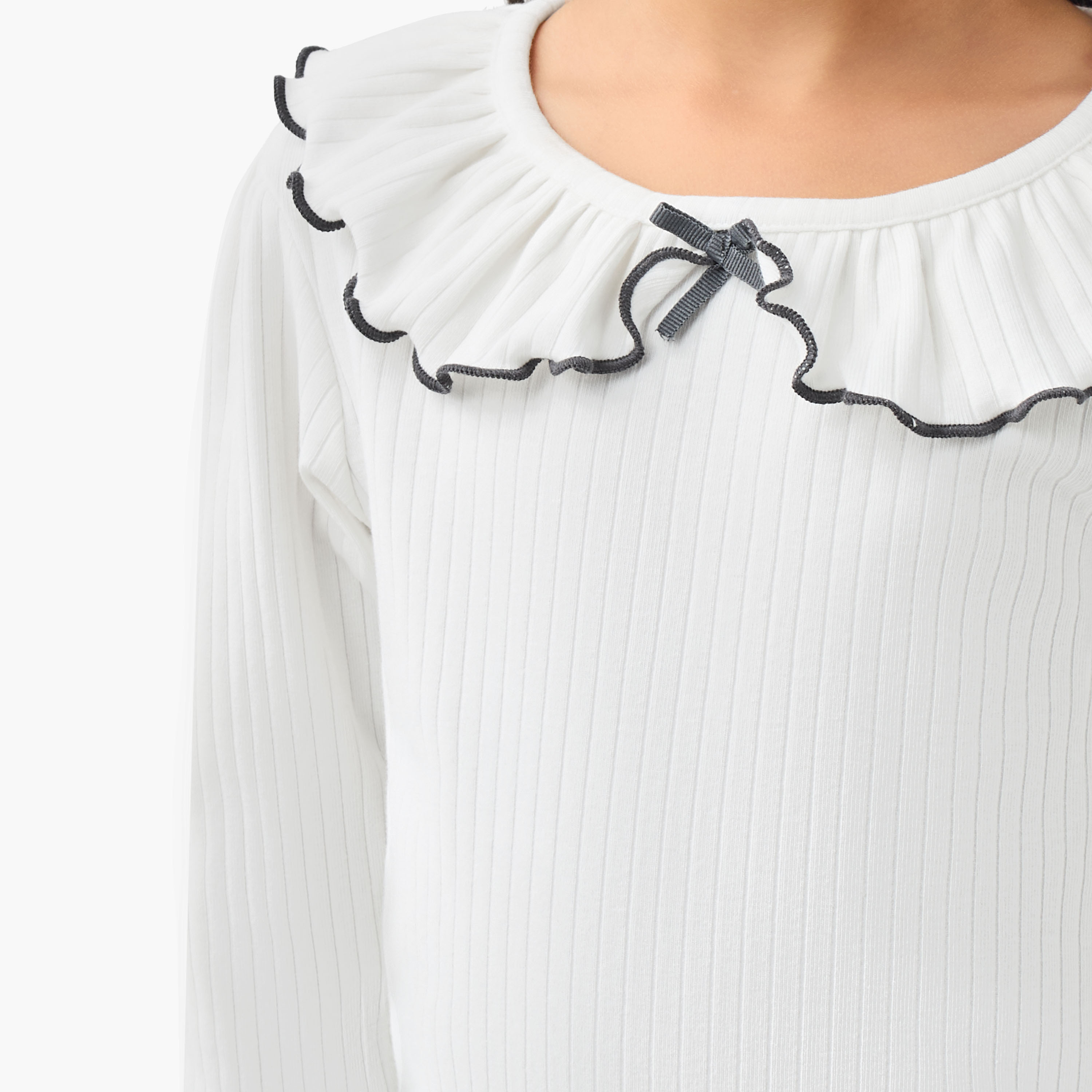 Juniors Girls Ruffled Collar T-shirt with Ribbed Texture - Cotton - Long Sleeves-girls-clothing-tshirts-image-5
