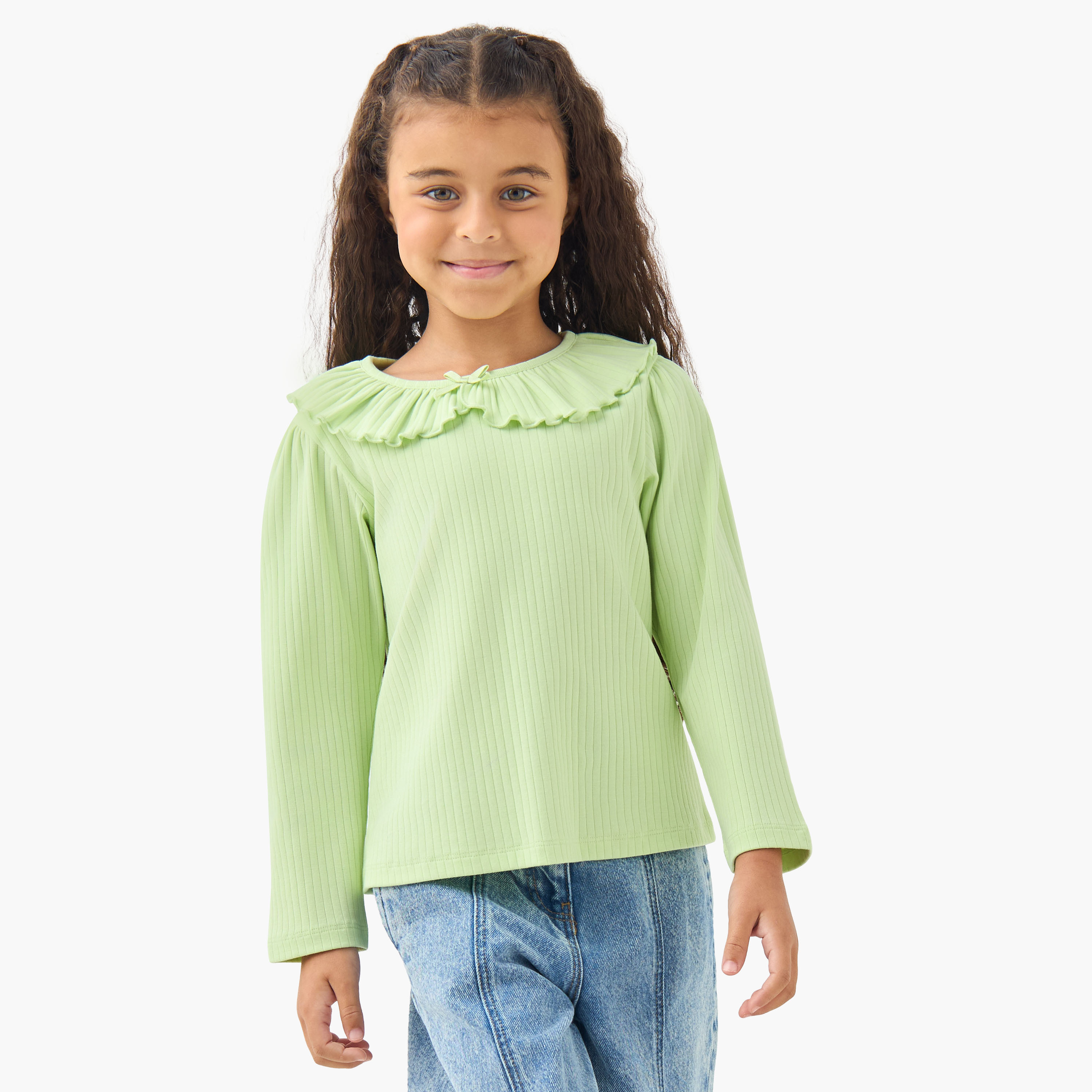 Juniors Girls Ruffled Collar T-shirt with Ribbed Texture - Cotton - Long Sleeves-girls-clothing-tshirts-image-1