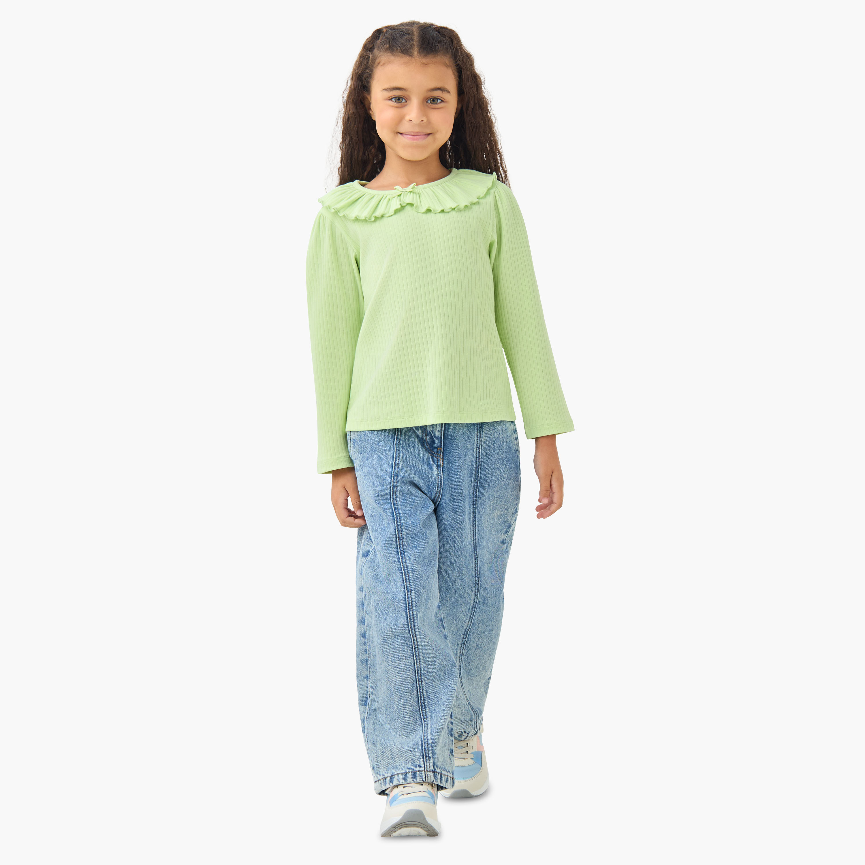 Juniors Girls Ruffled Collar T-shirt with Ribbed Texture - Cotton - Long Sleeves-girls-clothing-tshirts-image-2