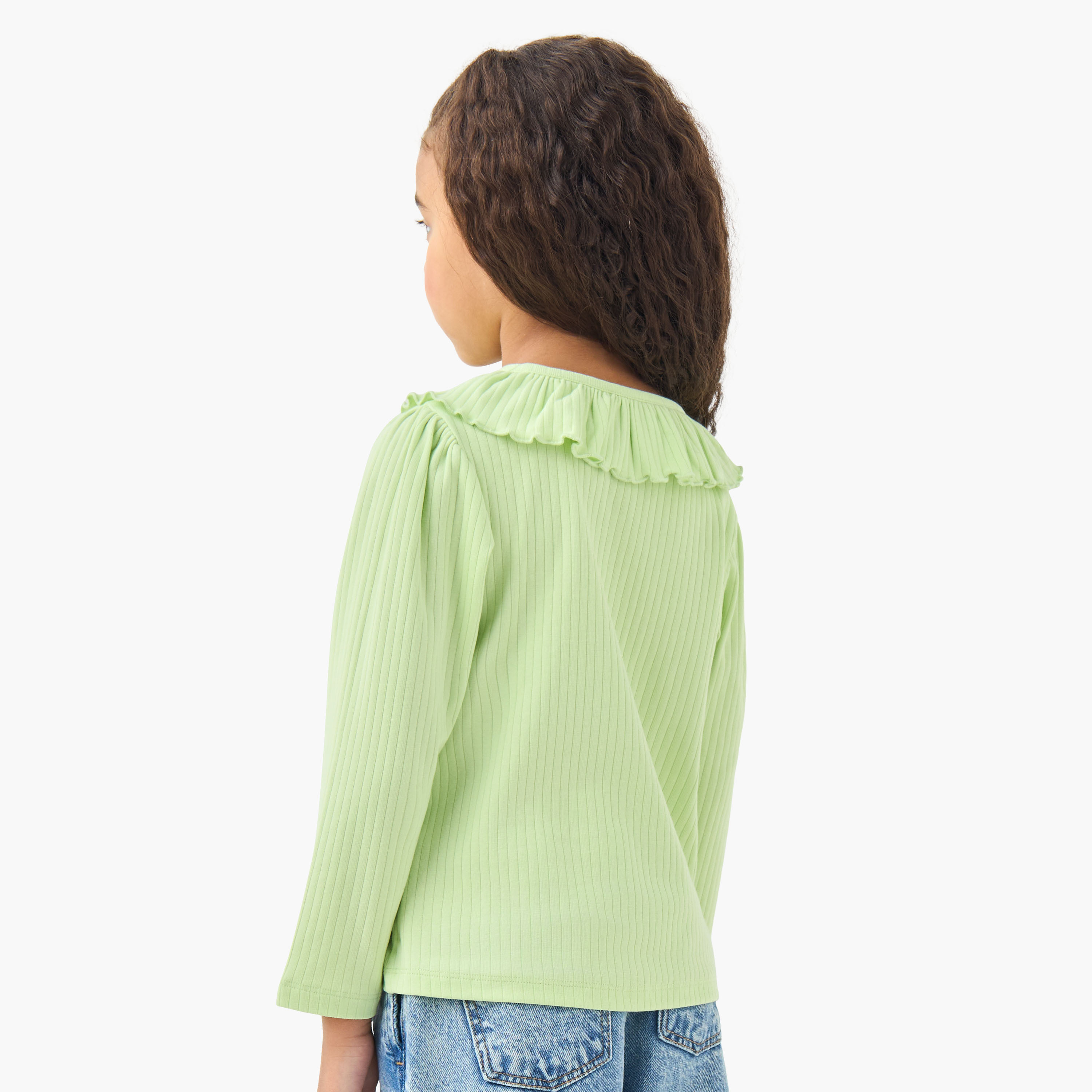 Juniors Girls Ruffled Collar T-shirt with Ribbed Texture - Cotton - Long Sleeves-girls-clothing-tshirts-image-3