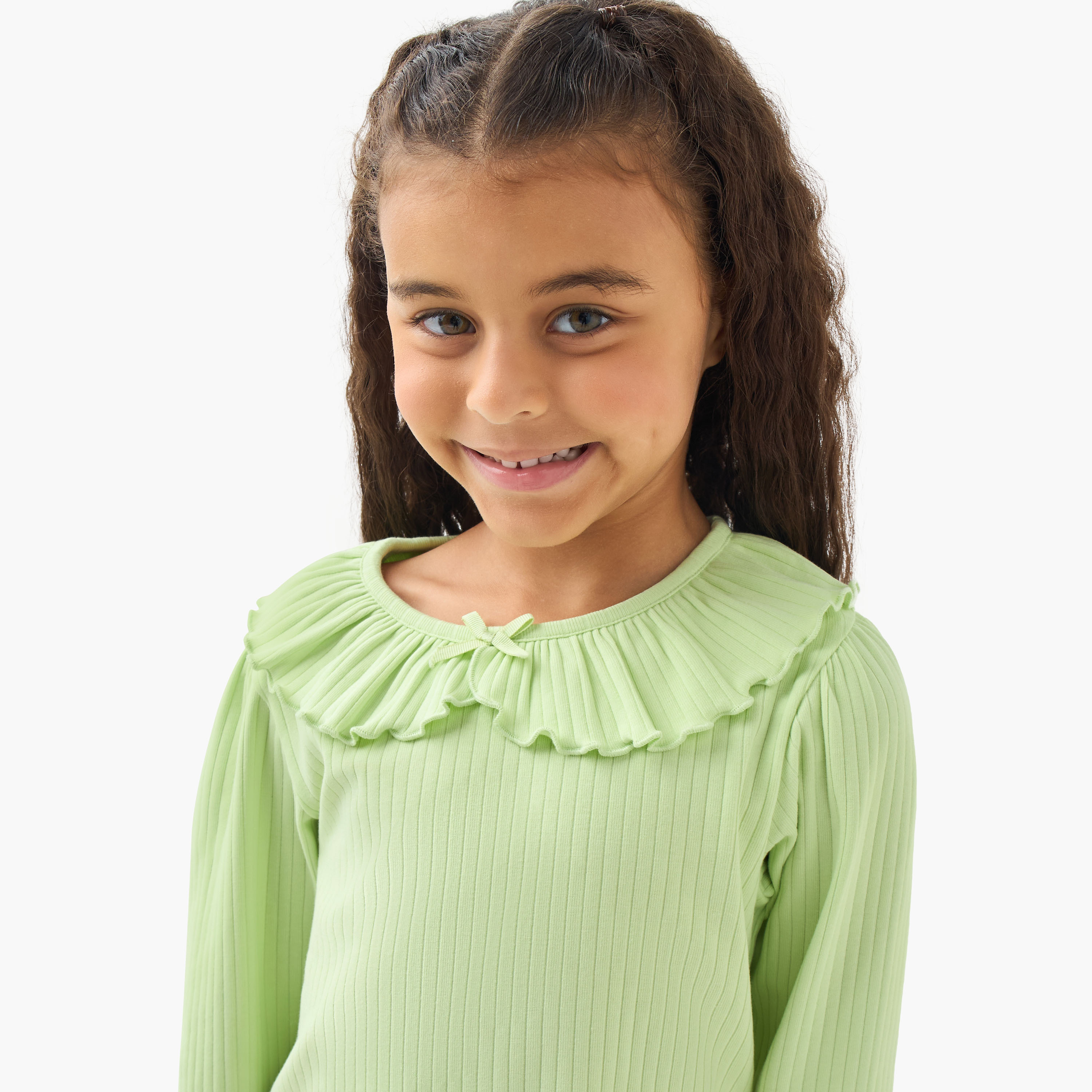 Juniors Girls Ruffled Collar T-shirt with Ribbed Texture - Cotton - Long Sleeves-girls-clothing-tshirts-image-4