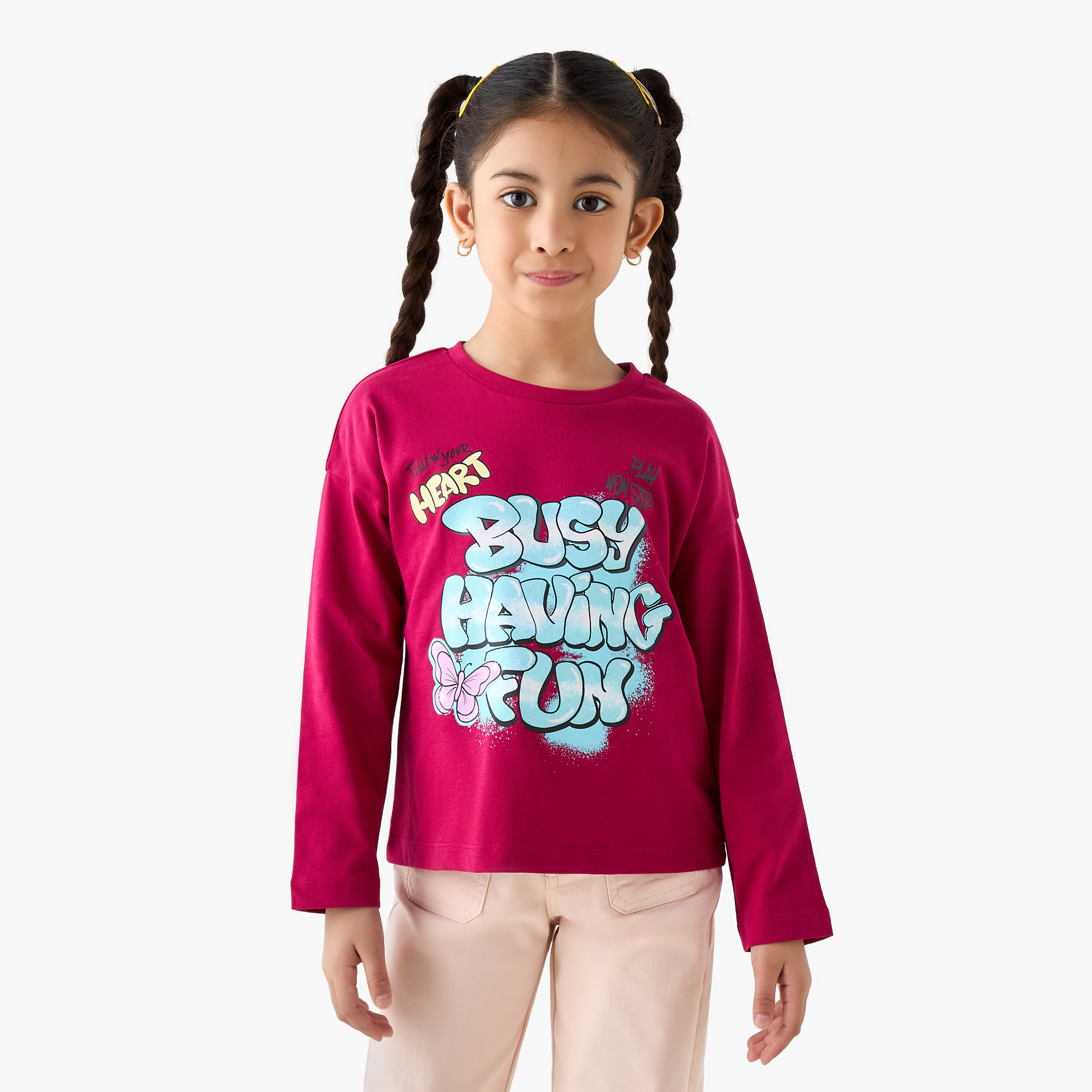 Juniors Slogan Print T-shirt with Long Sleeves-girls-clothing-tshirts-image-1