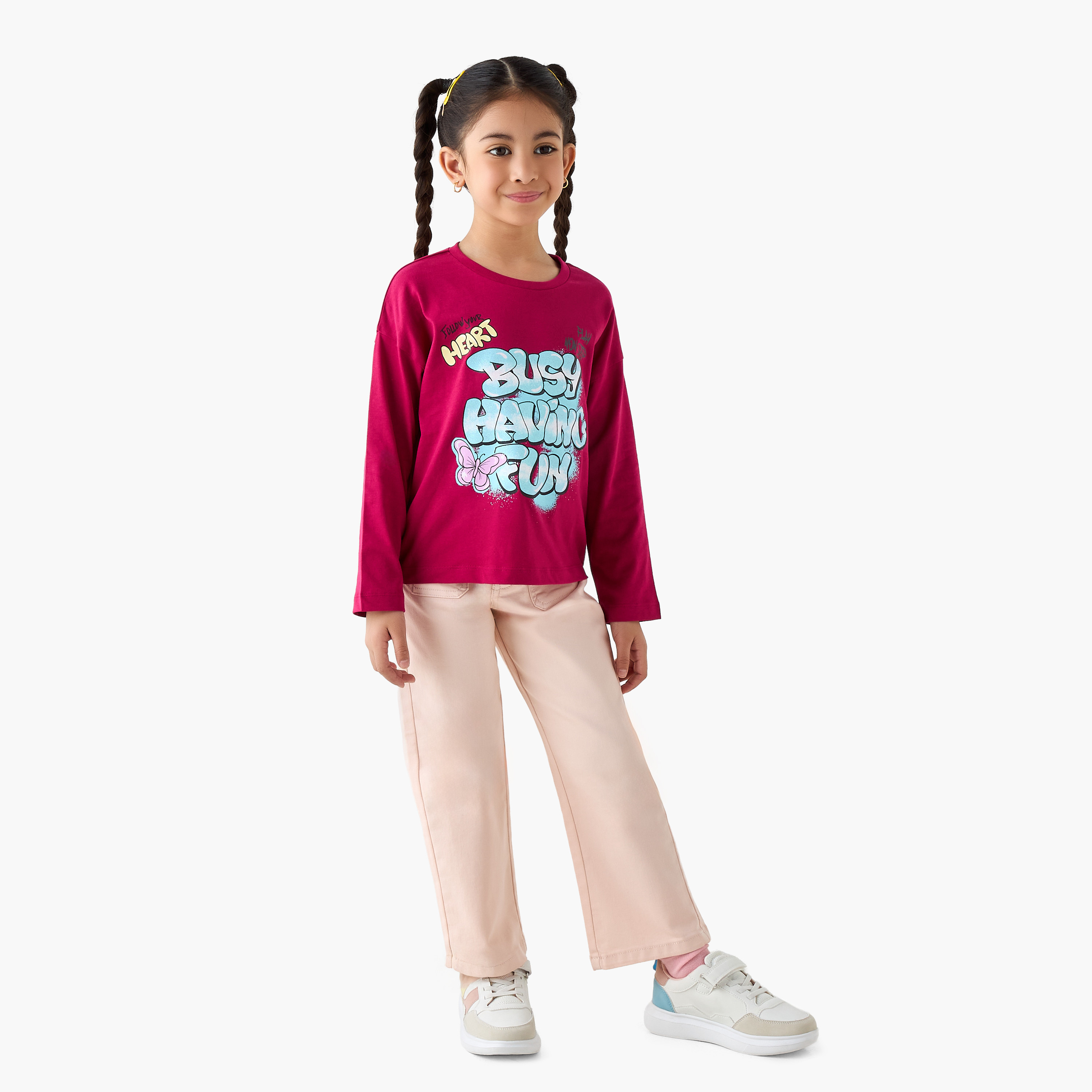 Juniors Slogan Print T-shirt with Long Sleeves-girls-clothing-tshirts-image-2