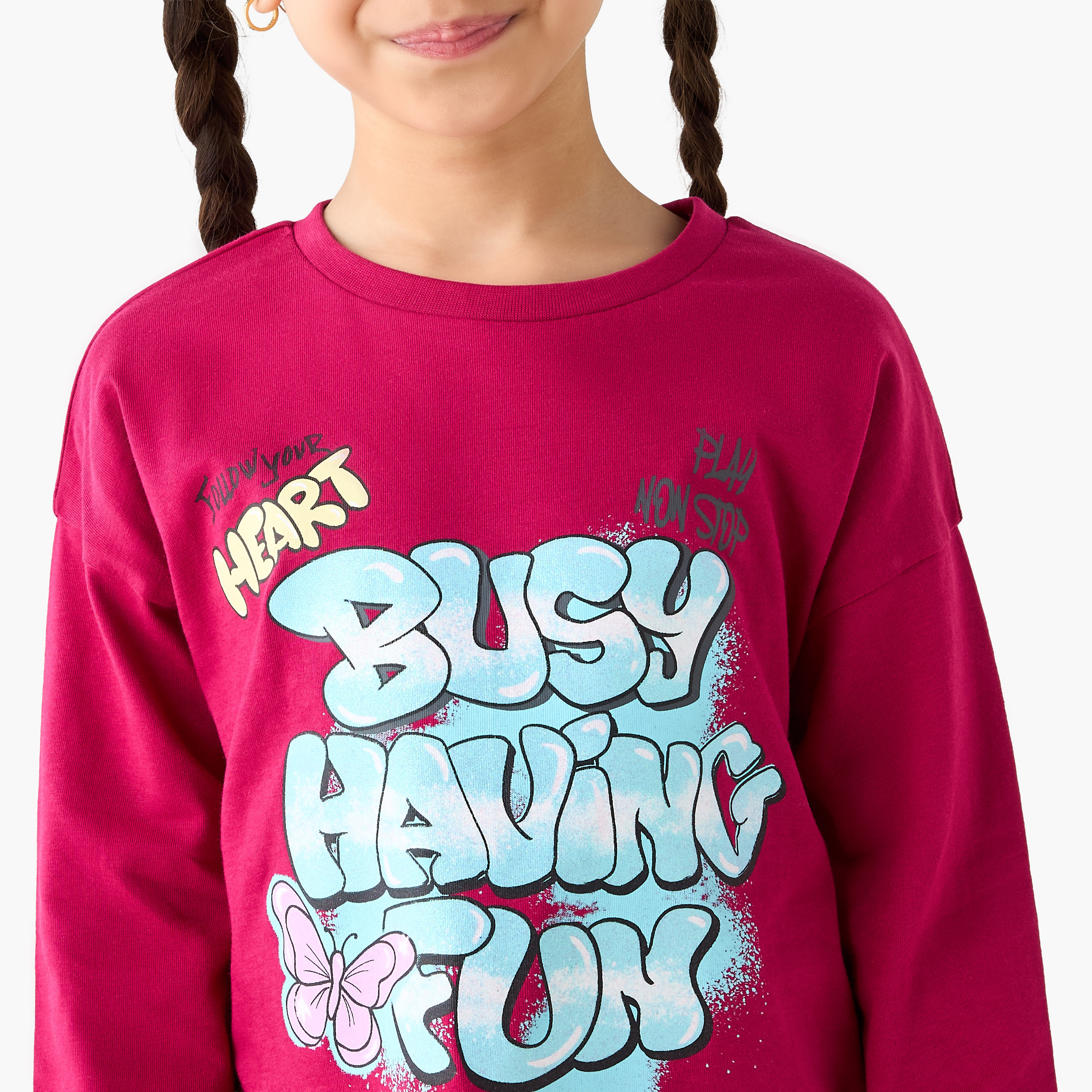 Juniors Slogan Print T-shirt with Long Sleeves-girls-clothing-tshirts-image-4