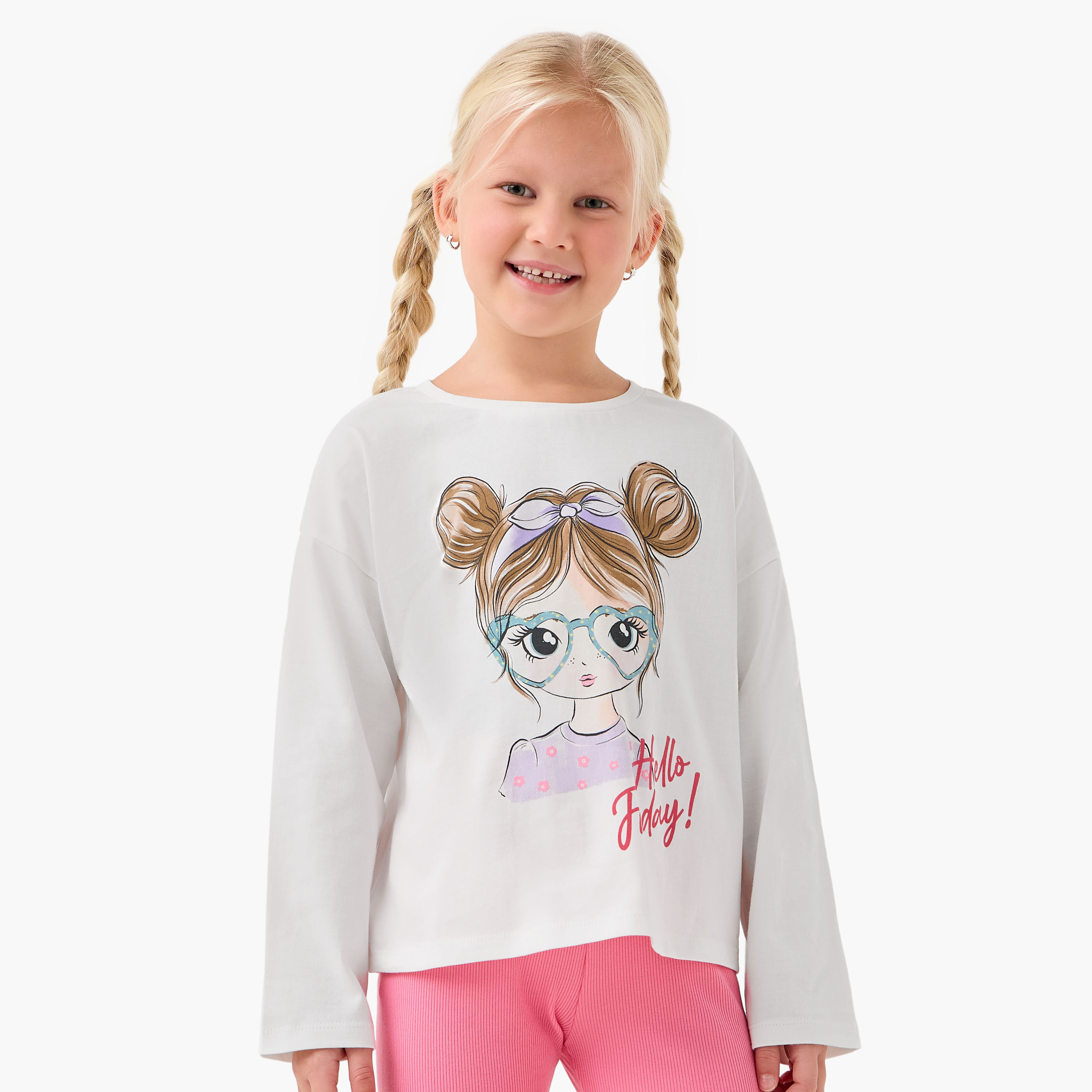 Juniors Girls Crew Neck T-shirt with Graphic Print - Cotton - Long Sleeves-girls-clothing-tshirts-image-1