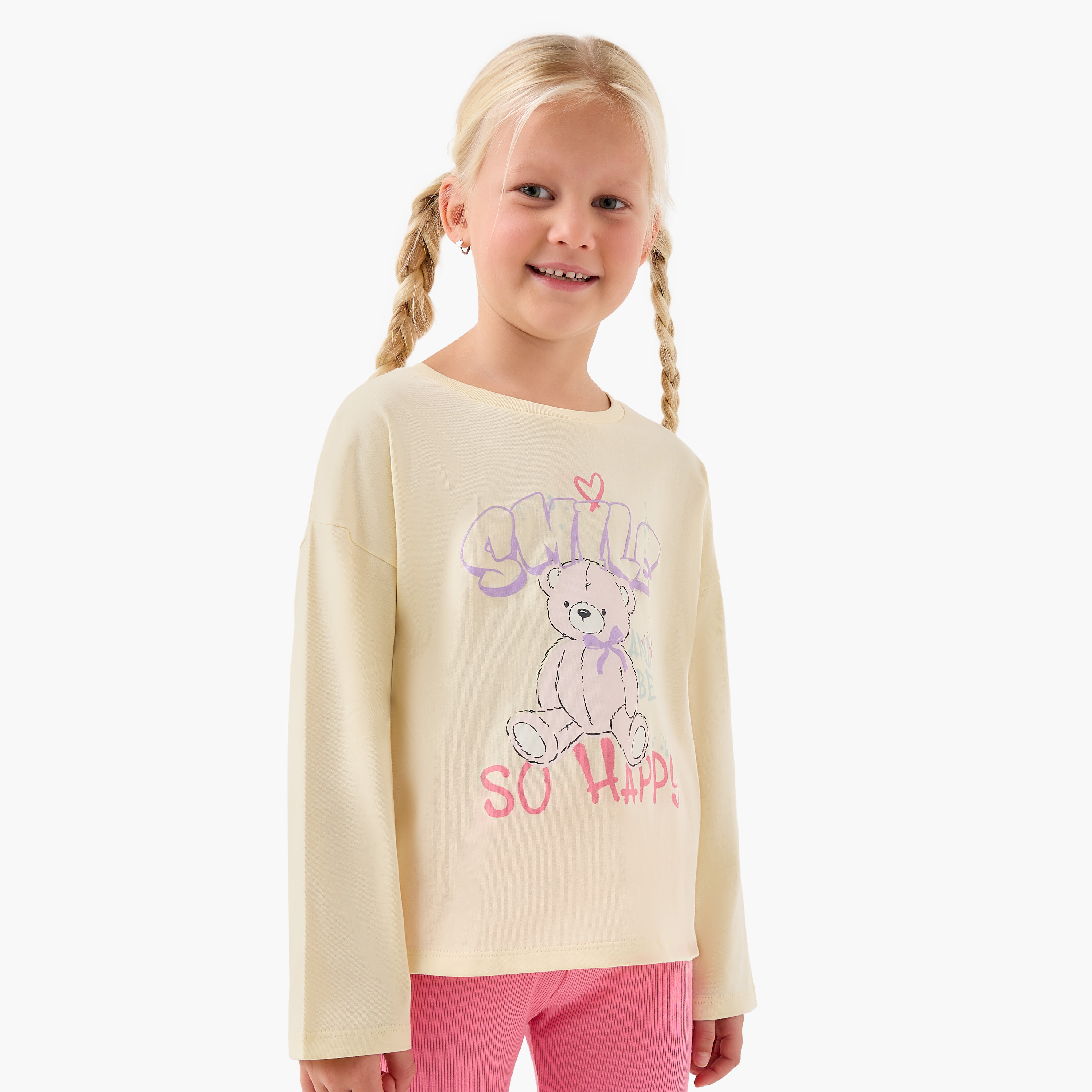 Juniors Girls Crew Neck T-shirt with Teddy Bear Print - Cotton - Long Sleeves-girls-clothing-tshirts-image-1