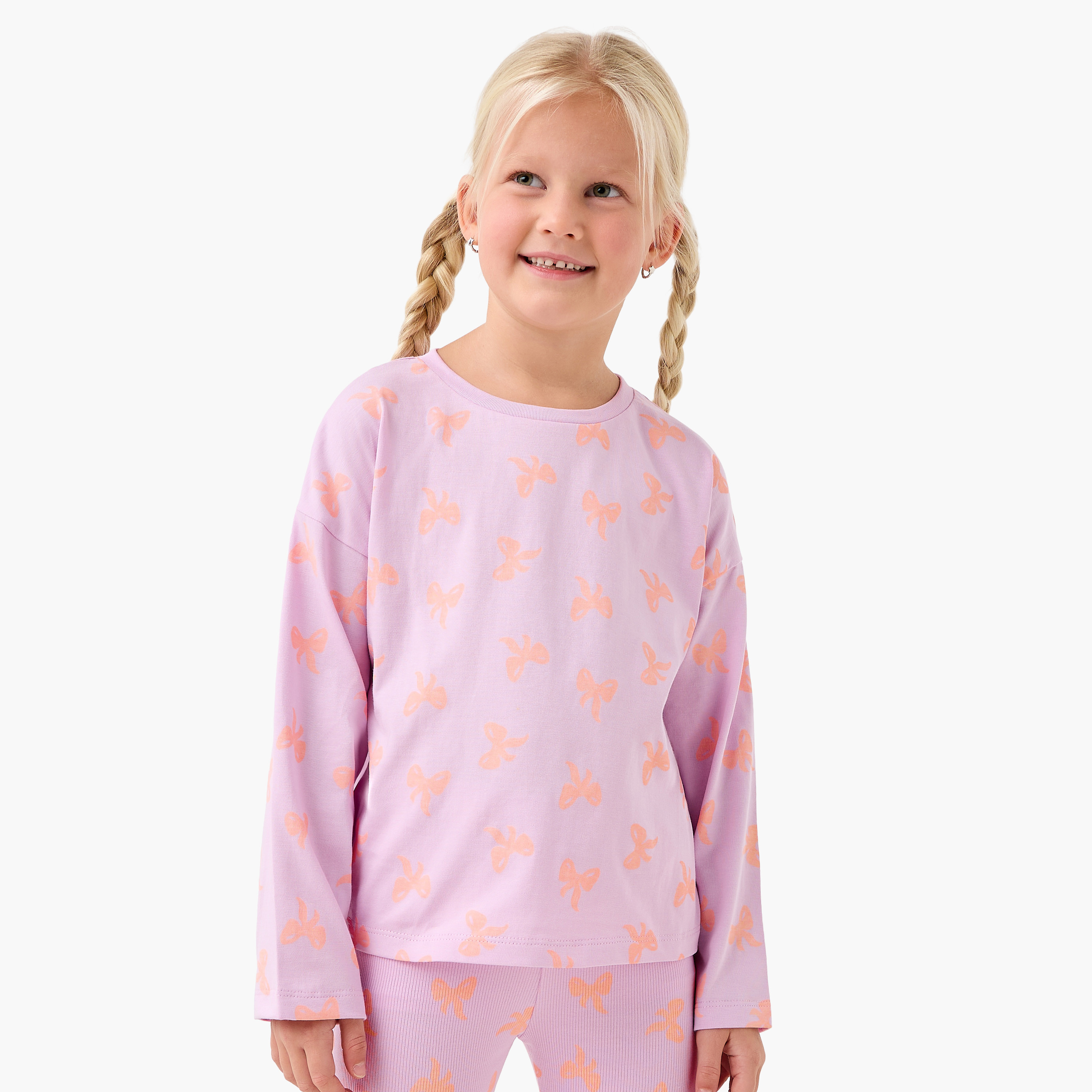 Juniors Girls Crew Neck T-shirt with Bow Print - Cotton - Long Sleeves-girls-clothing-tshirts-image-1