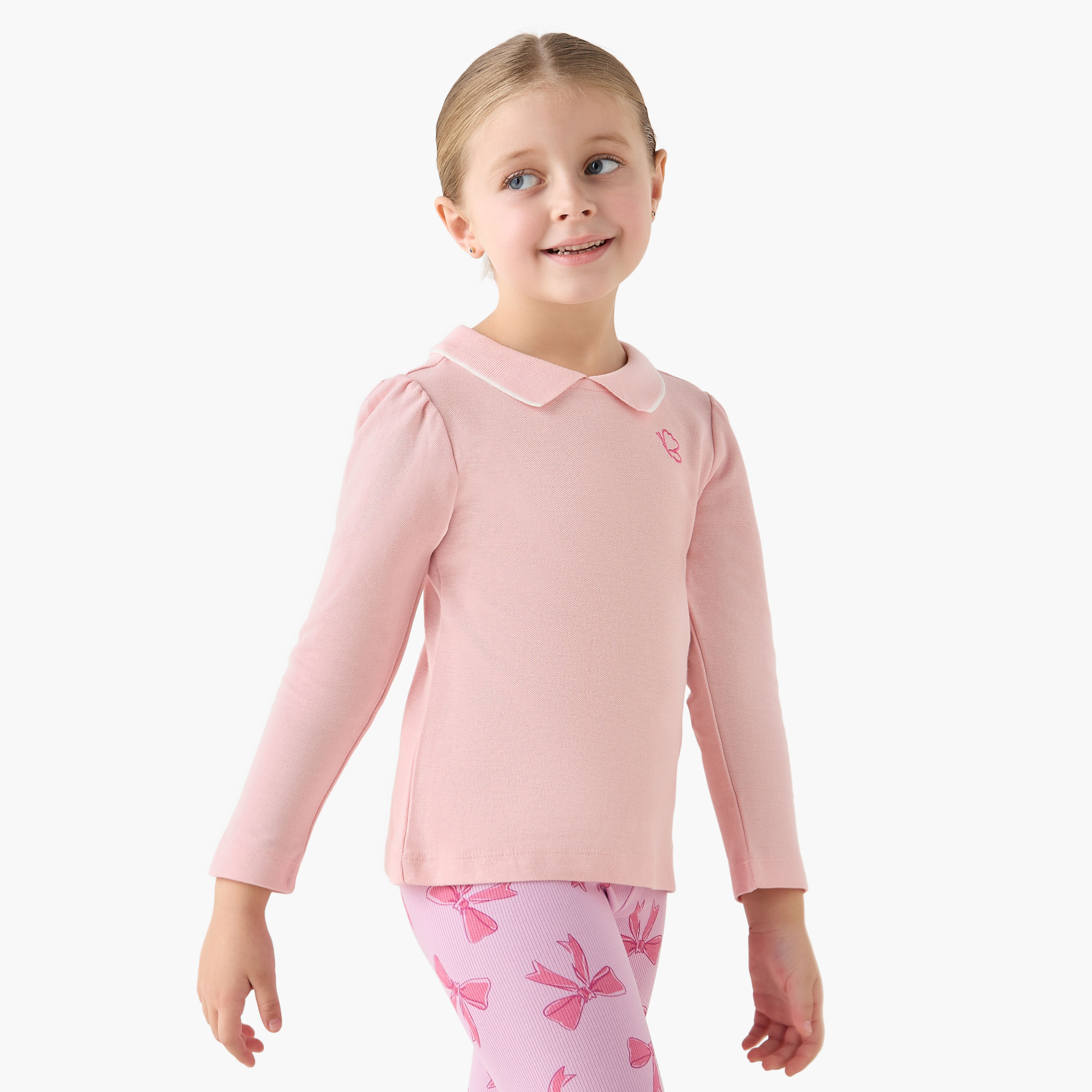Juniors Polo Neck Long SleevesT-shirt with Butterfly Embroidery-girls-clothing-tshirts-image-1