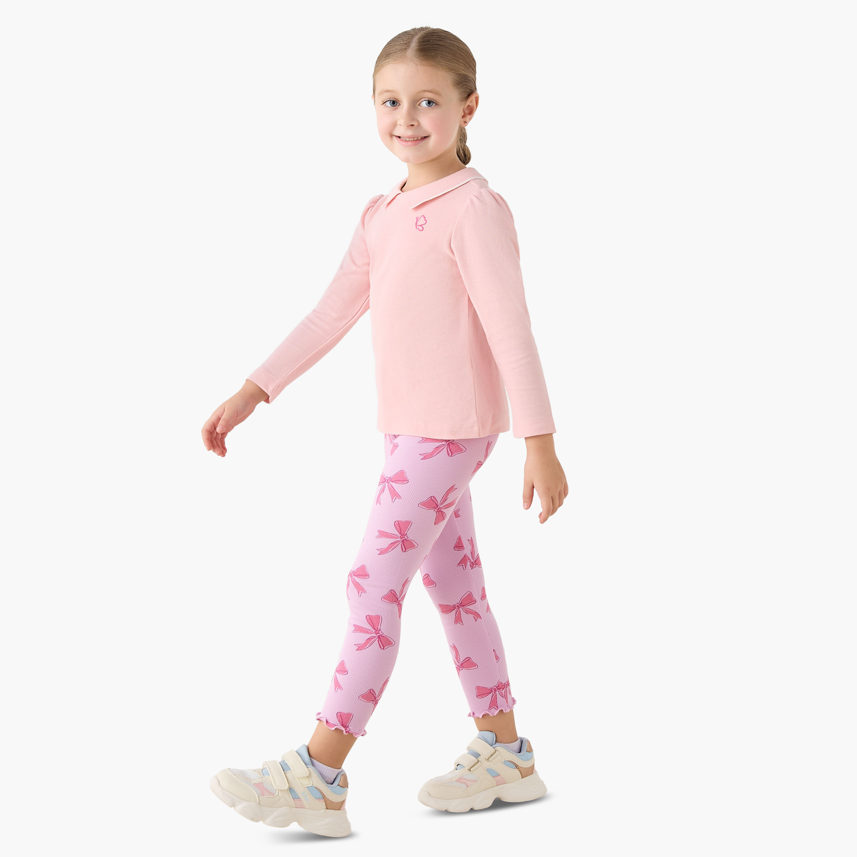 Juniors Polo Neck Long SleevesT-shirt with Butterfly Embroidery-girls-clothing-tshirts-image-2