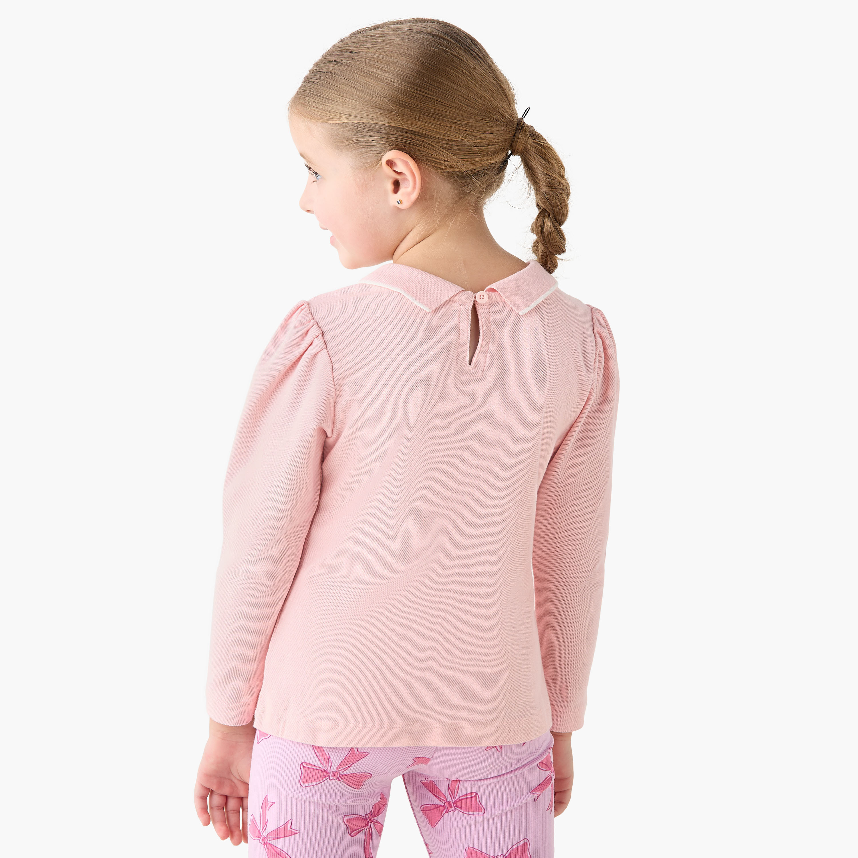 Juniors Polo Neck Long SleevesT-shirt with Butterfly Embroidery-girls-clothing-tshirts-image-3