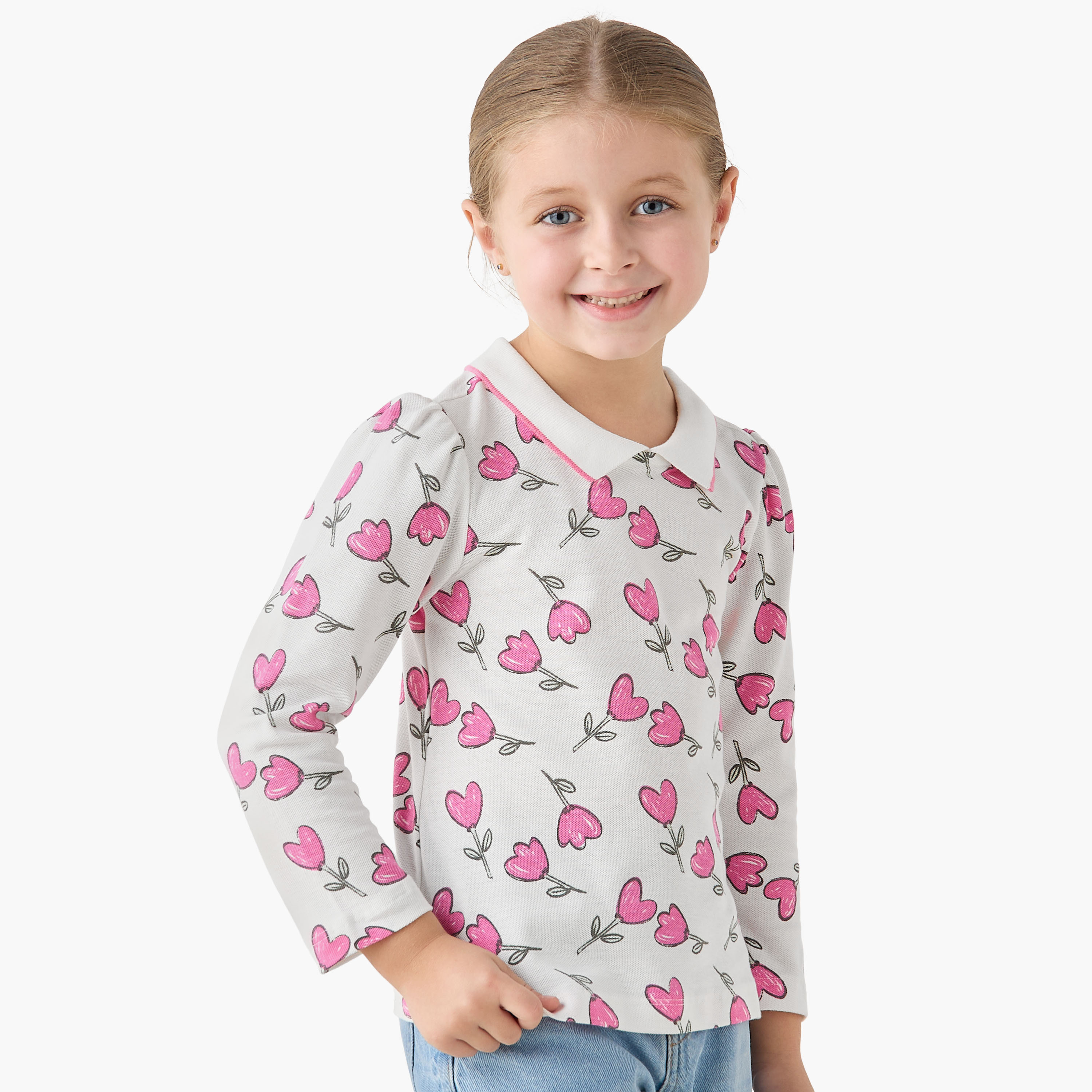 Juniors Polo Neck Short Sleeves T-shirt with Floral Print-girls-clothing-tshirts-image-1