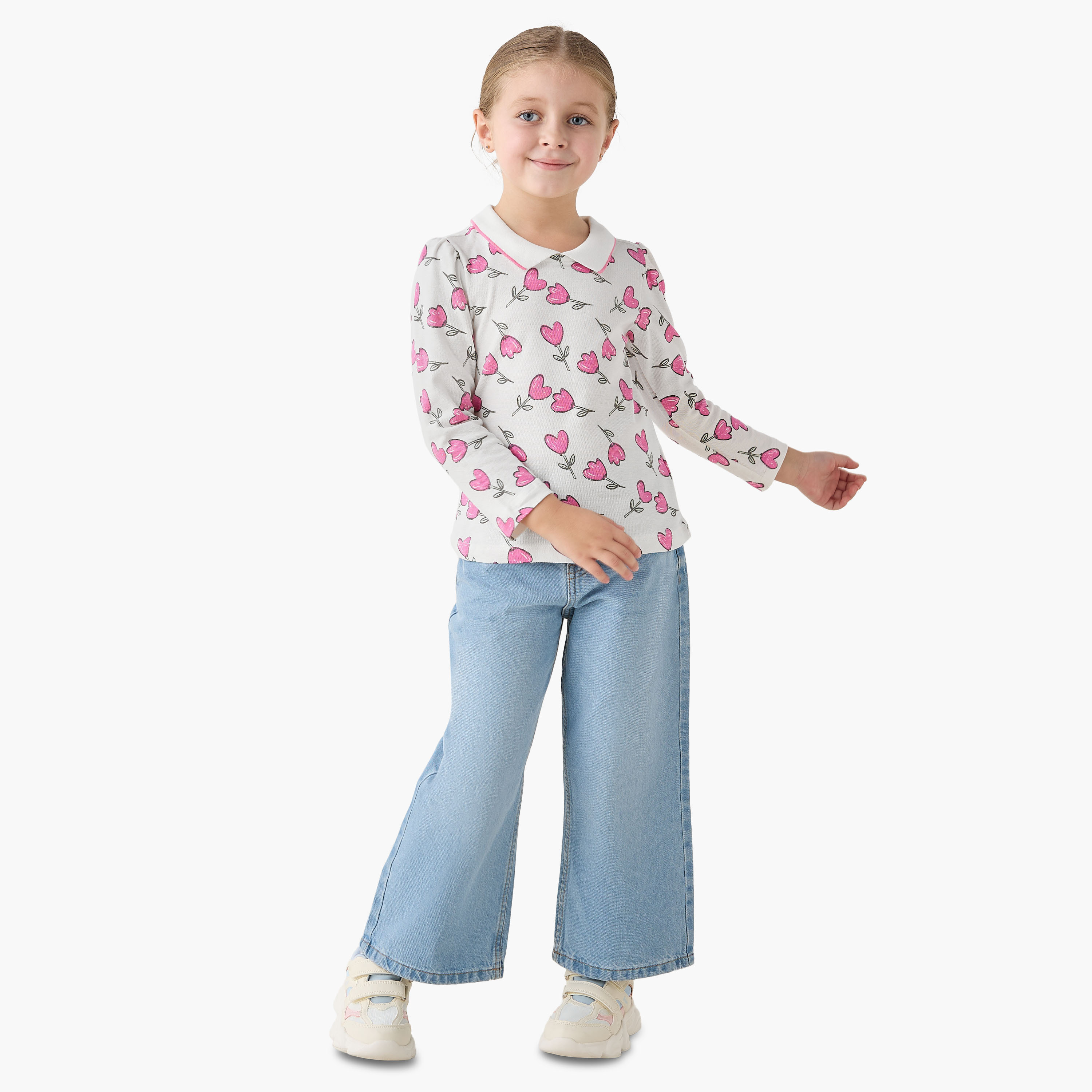 Juniors Polo Neck Short Sleeves T-shirt with Floral Print-girls-clothing-tshirts-image-2